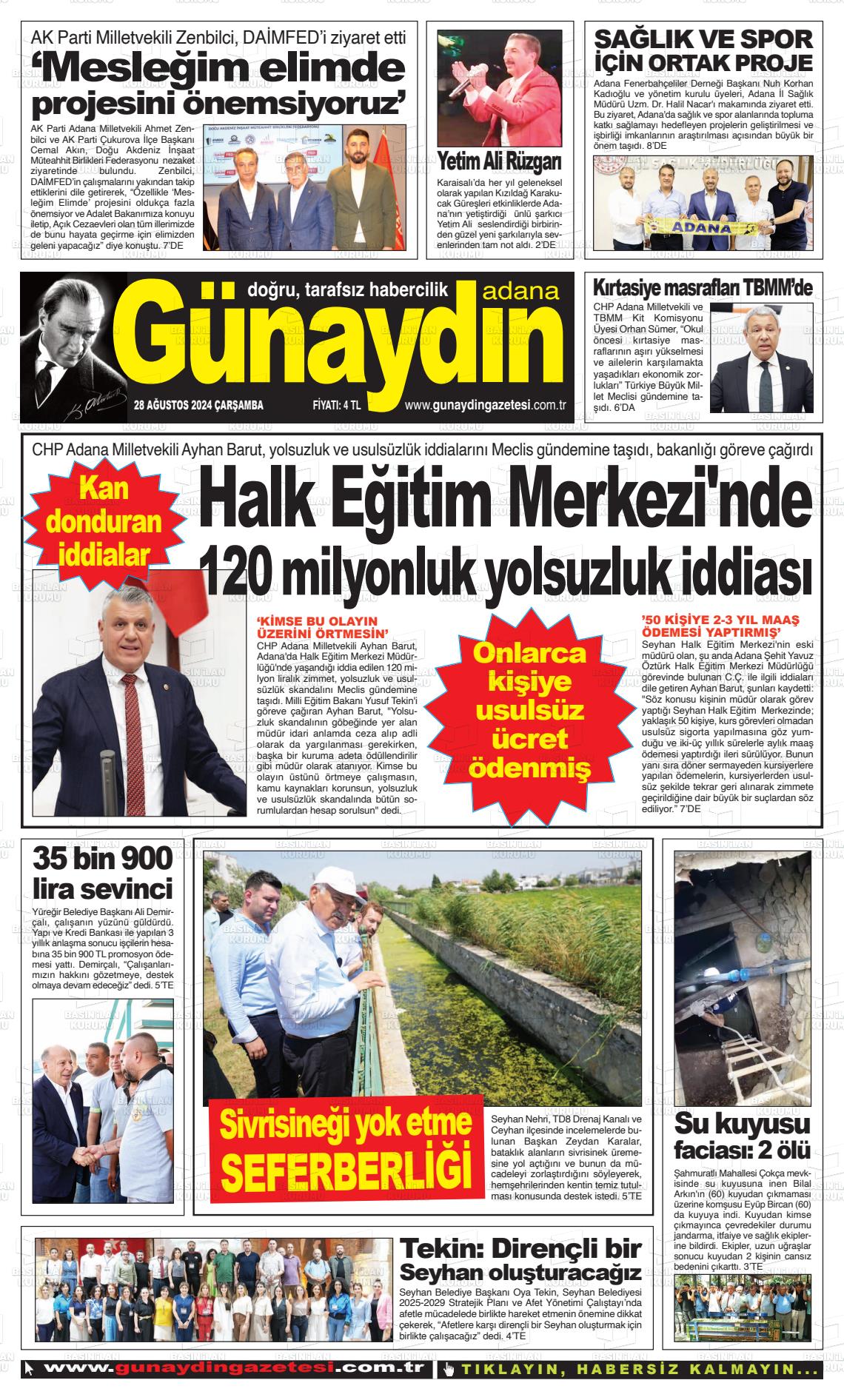 28 Ağustos 2024 Günaydın Adana Gazete Manşeti