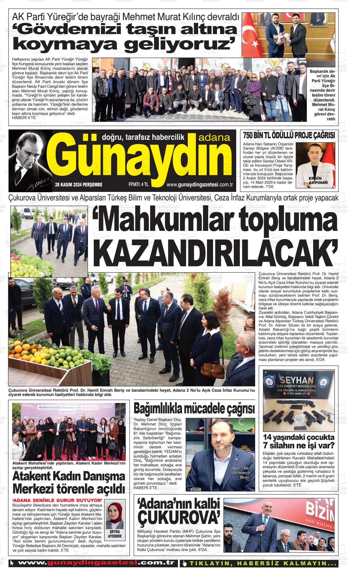 02 Aralık 2024 Günaydın Adana Gazete Manşeti