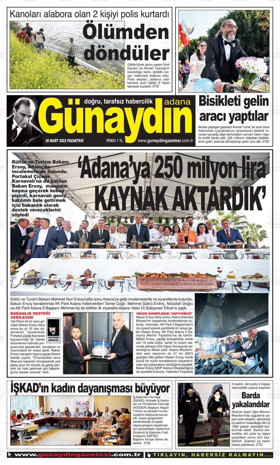 28 Mart 2022 Günaydın Adana Gazete Manşeti