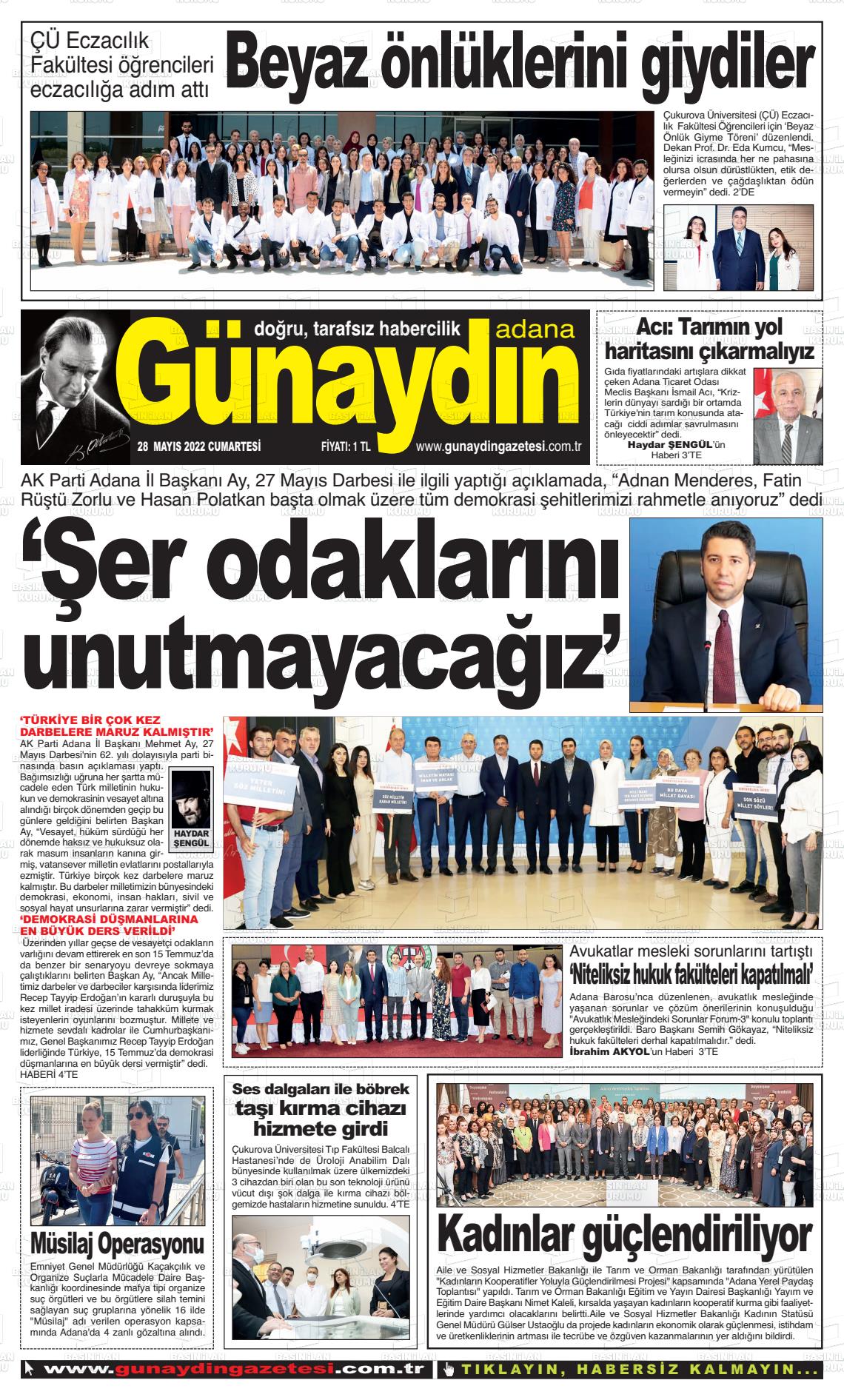 28 Mayıs 2022 Günaydın Adana Gazete Manşeti