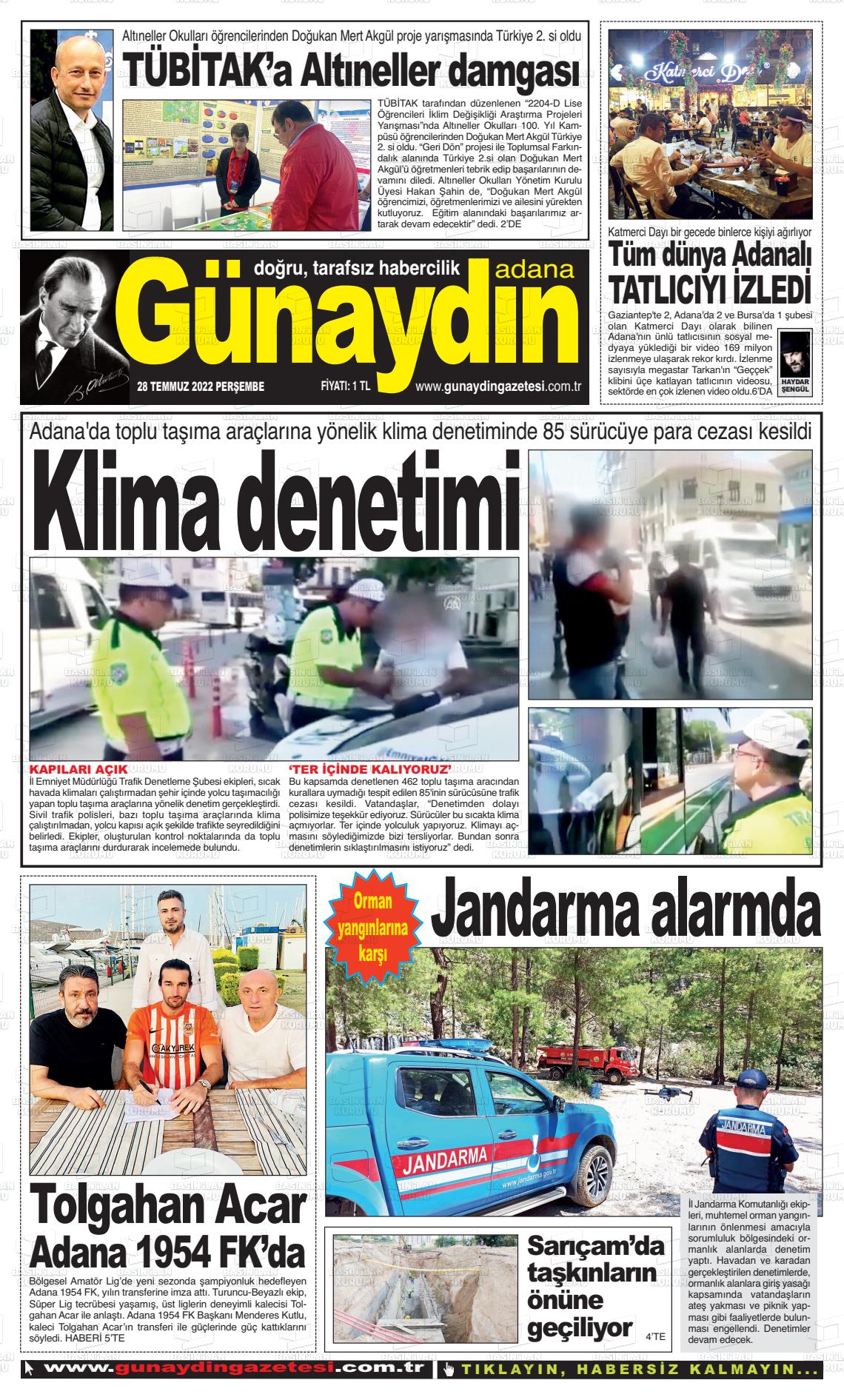 28 Temmuz 2022 Günaydın Adana Gazete Manşeti