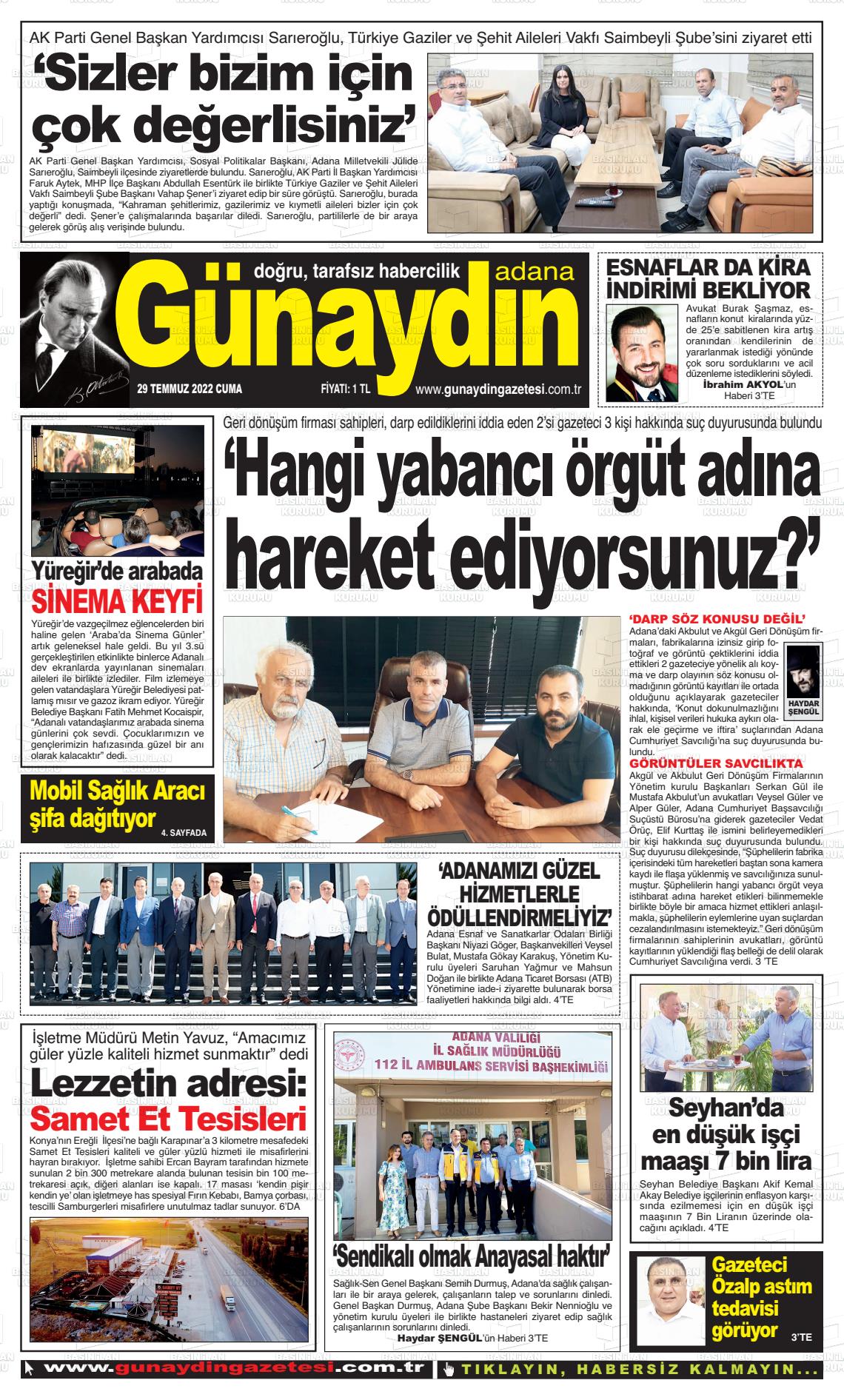 29 Temmuz 2022 Günaydın Adana Gazete Manşeti