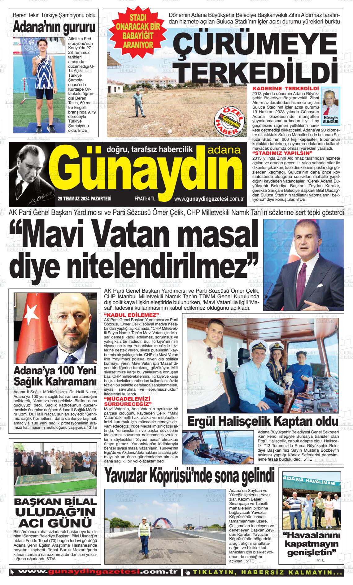 29 Temmuz 2024 Günaydın Adana Gazete Manşeti