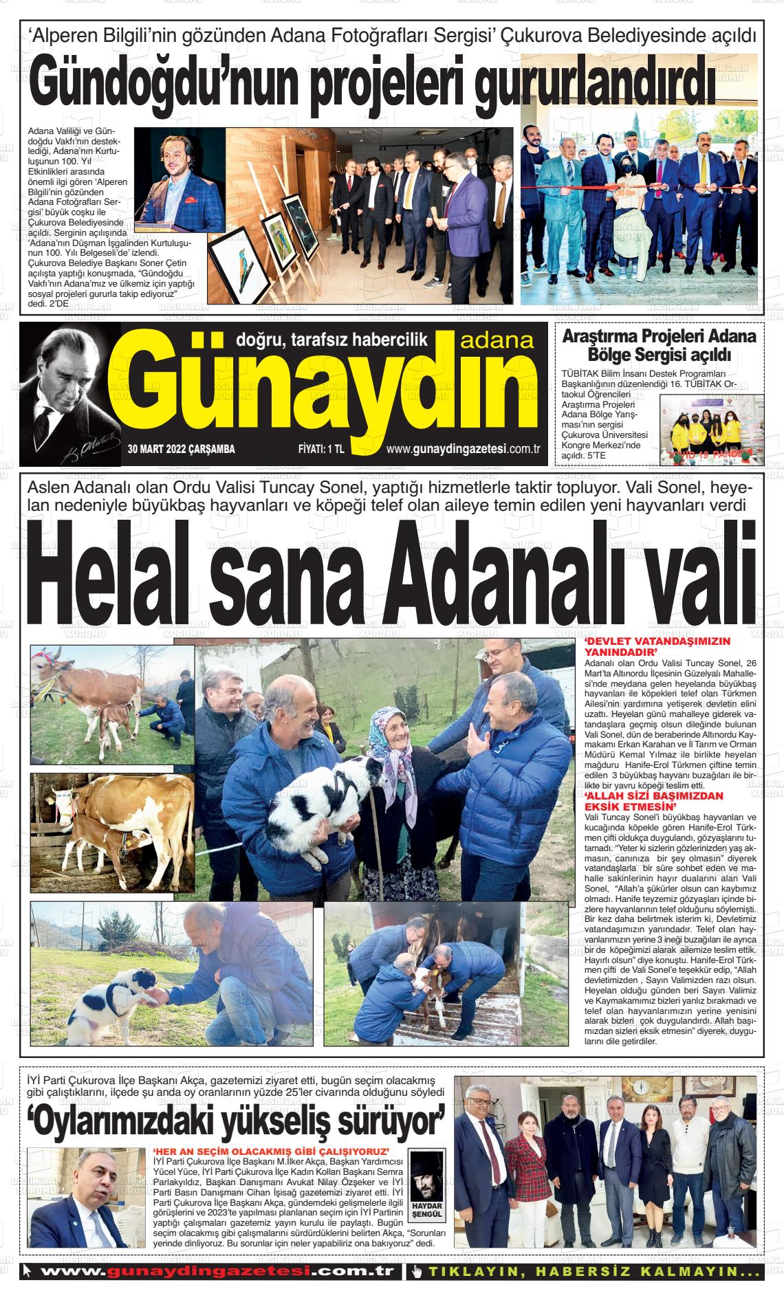 30 Mart 2022 Günaydın Adana Gazete Manşeti