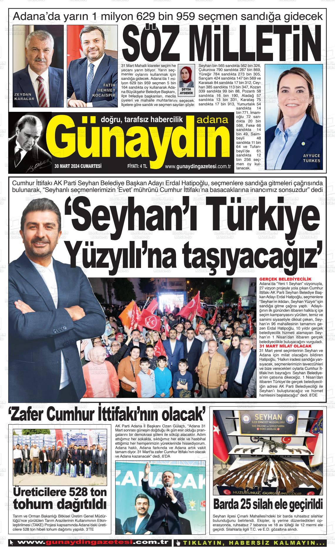 30 Mart 2024 Günaydın Adana Gazete Manşeti