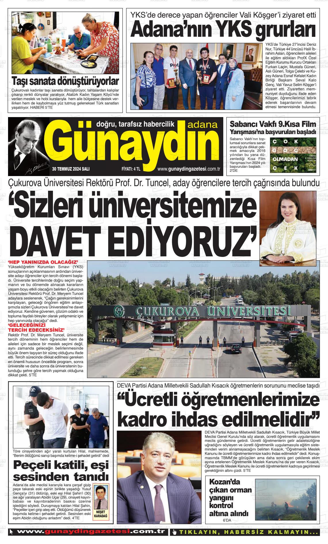 30 Temmuz 2024 Günaydın Adana Gazete Manşeti