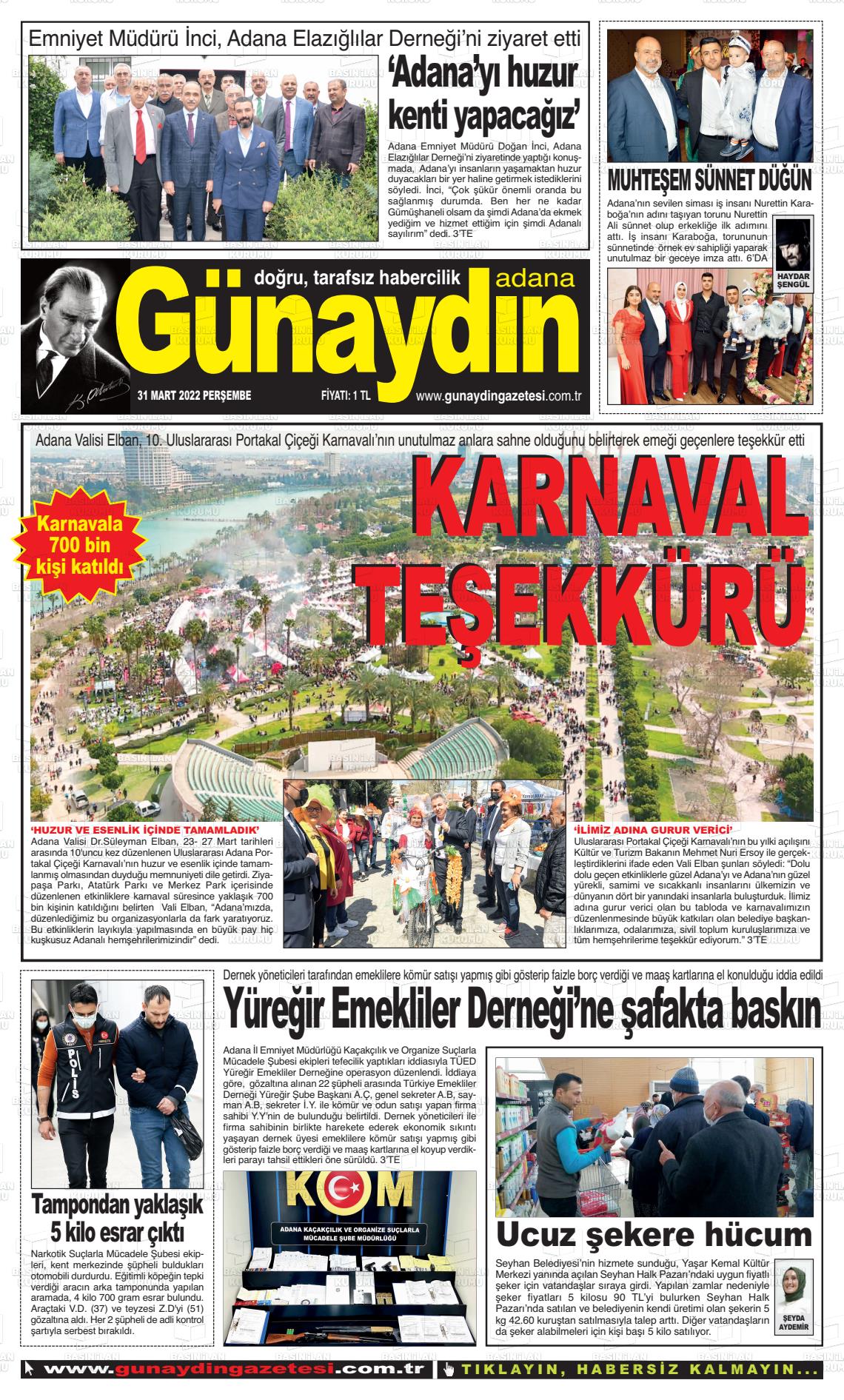 31 Mart 2022 Günaydın Adana Gazete Manşeti