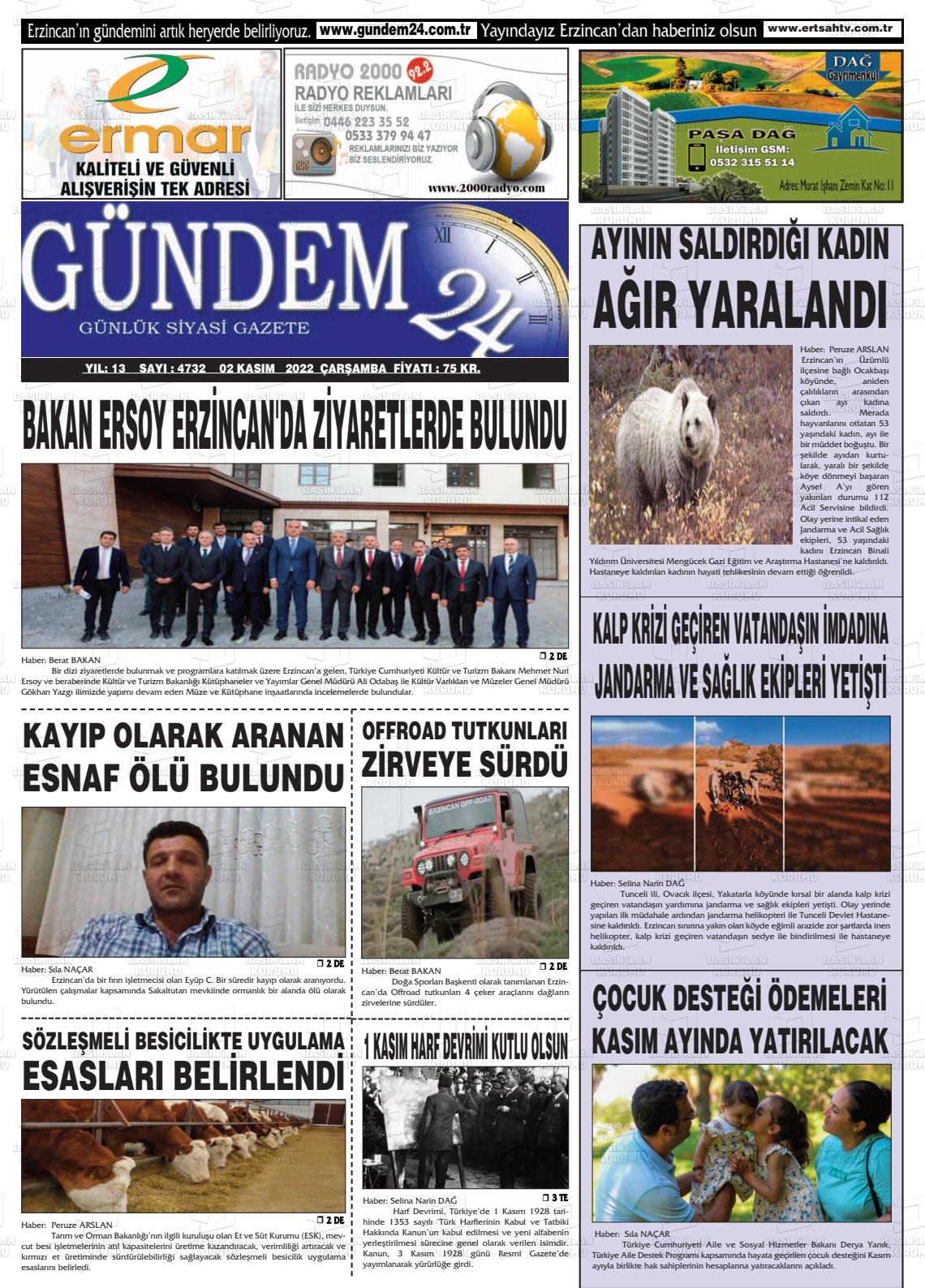 02 Kasım 2022 Gündem 24 Gazete Manşeti