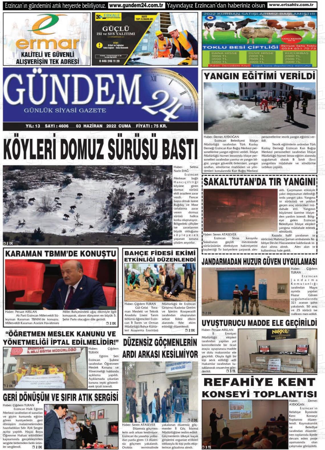 03 Haziran 2022 Gündem 24 Gazete Manşeti