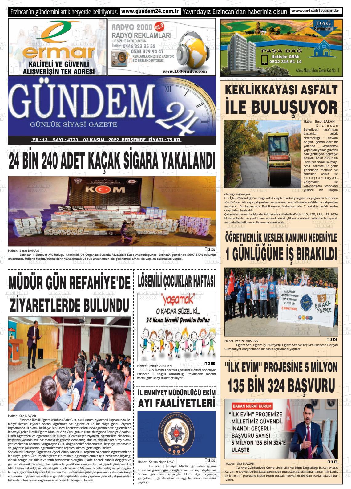 03 Kasım 2022 Gündem 24 Gazete Manşeti