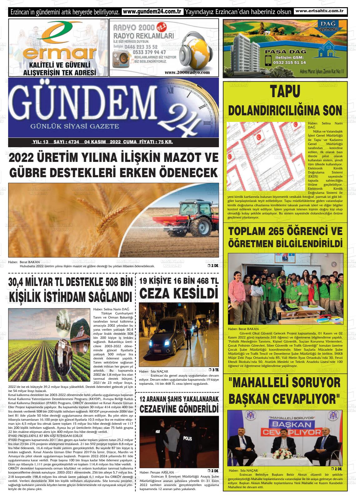 04 Kasım 2022 Gündem 24 Gazete Manşeti