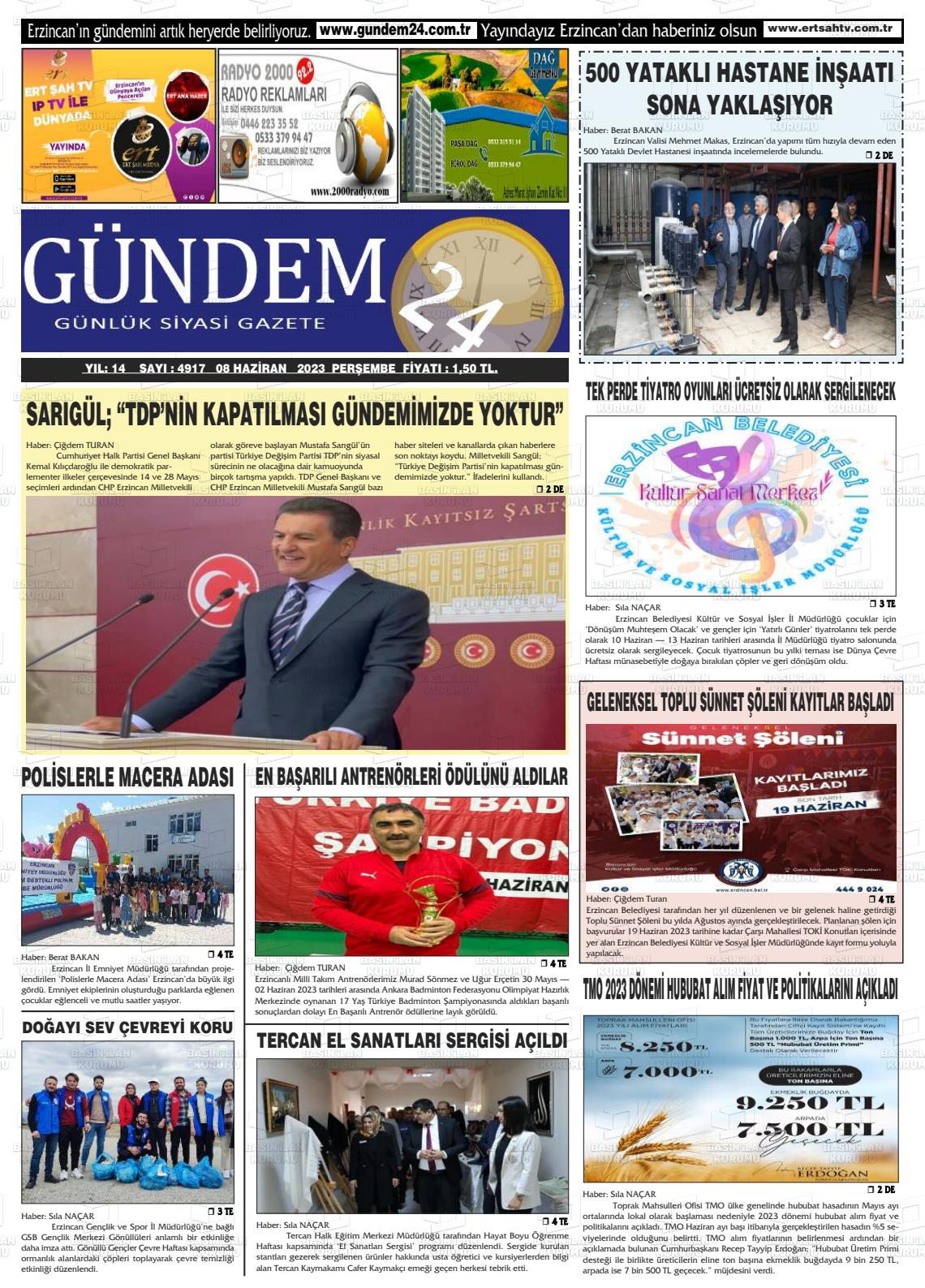 08 Haziran 2023 Gündem 24 Gazete Manşeti