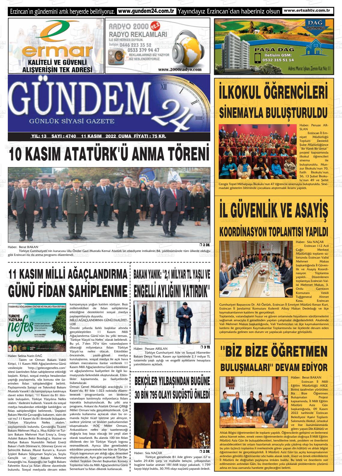 11 Kasım 2022 Gündem 24 Gazete Manşeti