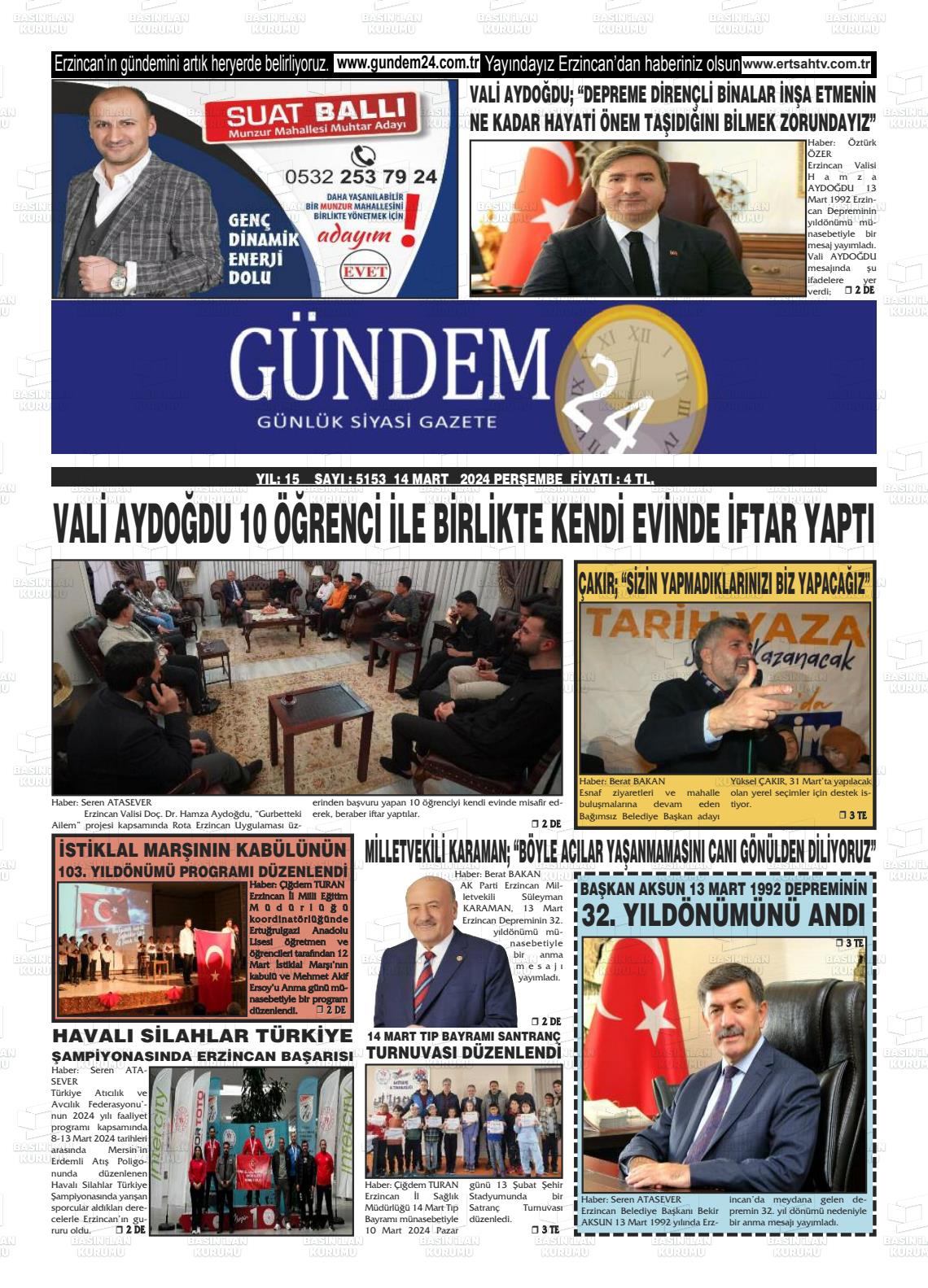 14 Mart 2024 Gündem 24 Gazete Manşeti