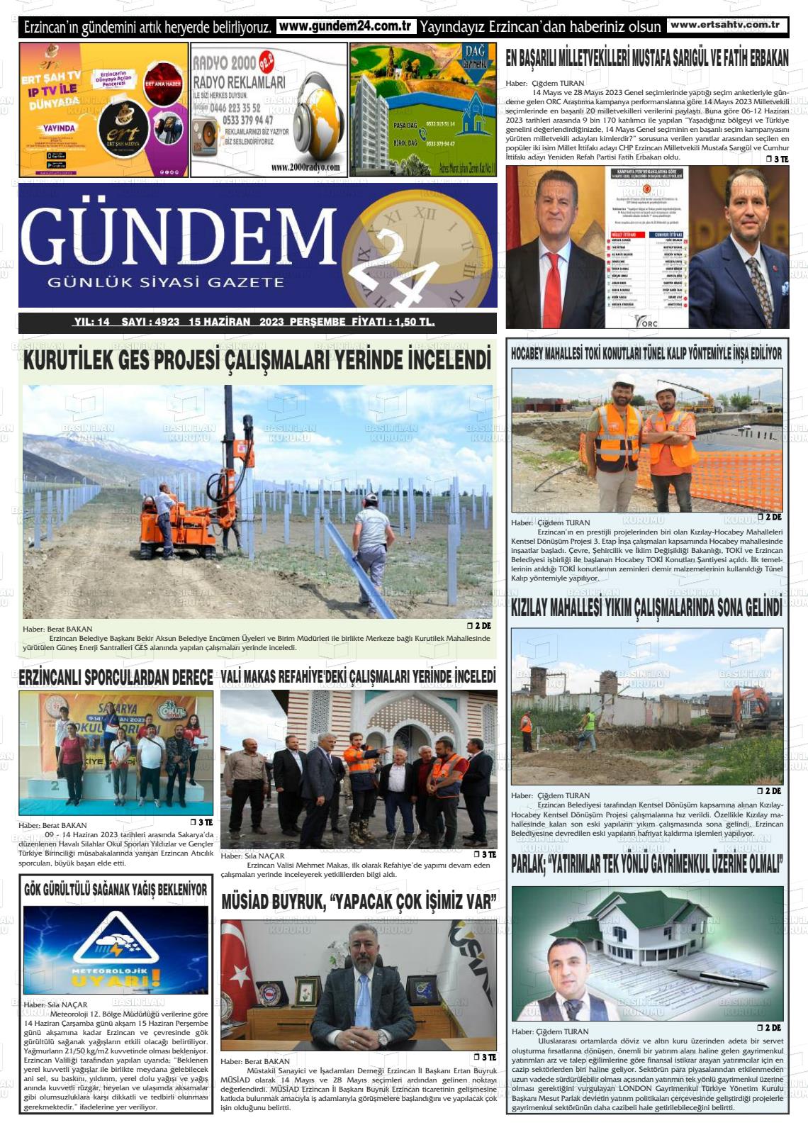 15 Haziran 2023 Gündem 24 Gazete Manşeti