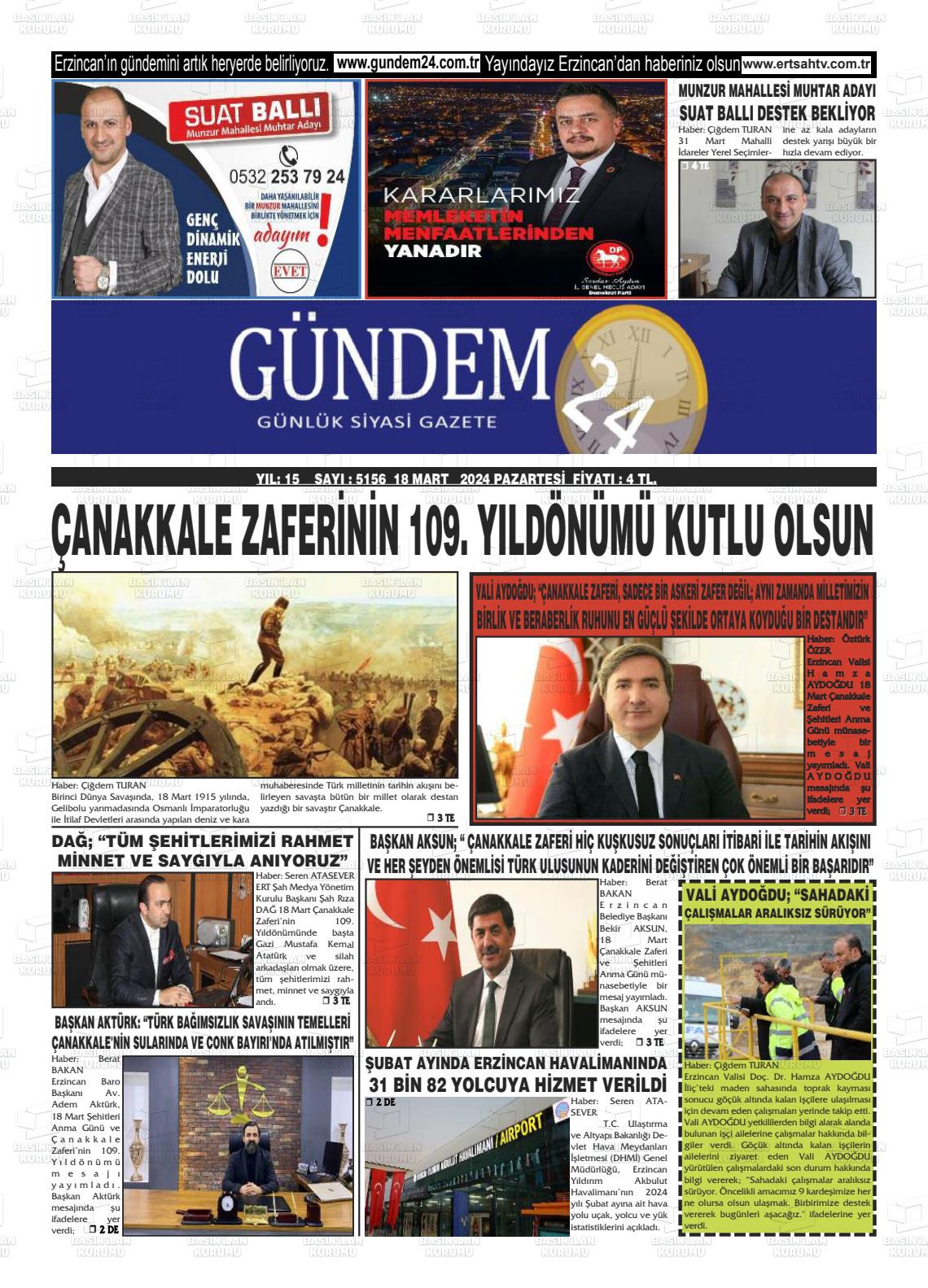 18 Mart 2024 Gündem 24 Gazete Manşeti