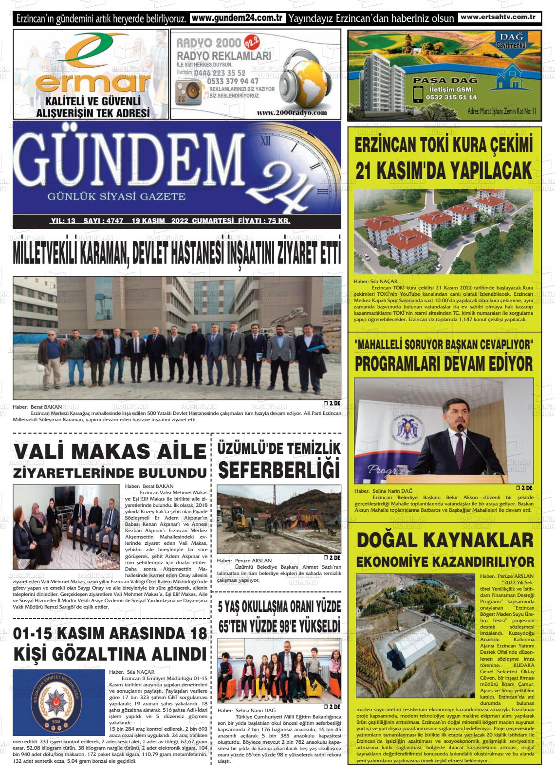 19 Kasım 2022 Gündem 24 Gazete Manşeti