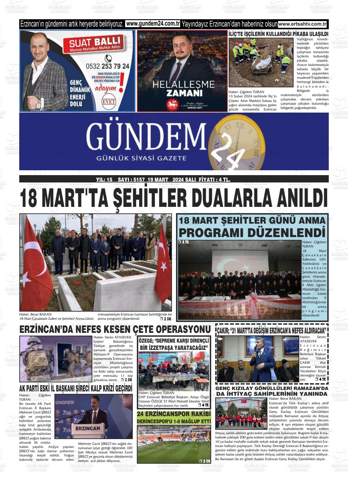 19 Mart 2024 Gündem 24 Gazete Manşeti