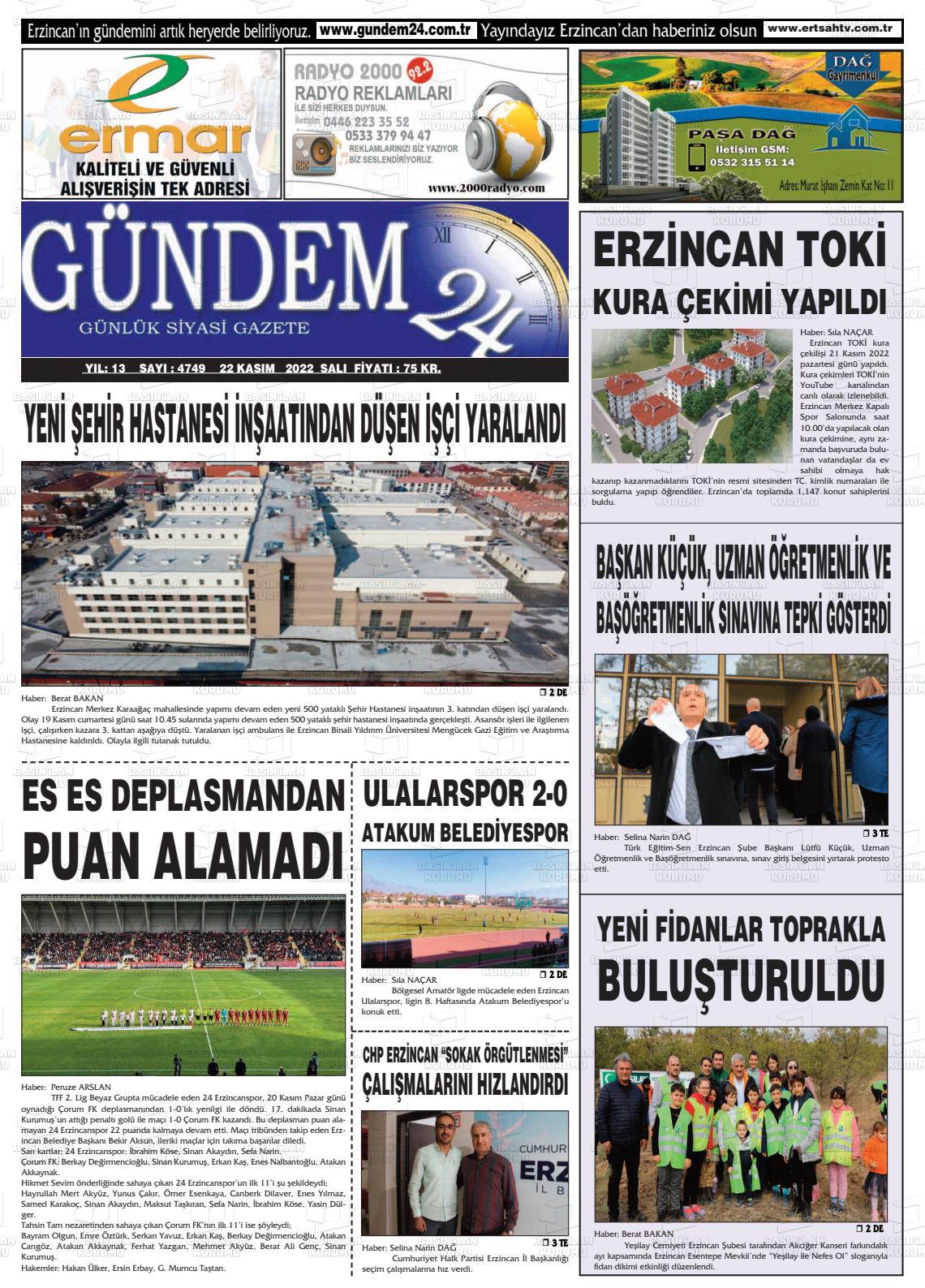 22 Kasım 2022 Gündem 24 Gazete Manşeti