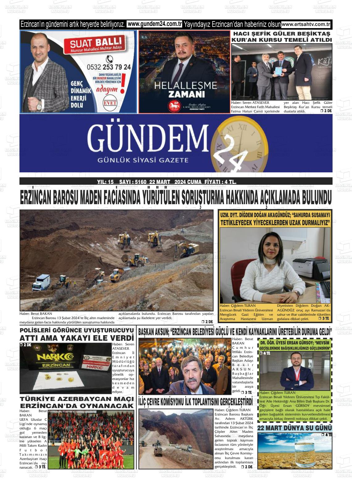 22 Mart 2024 Gündem 24 Gazete Manşeti