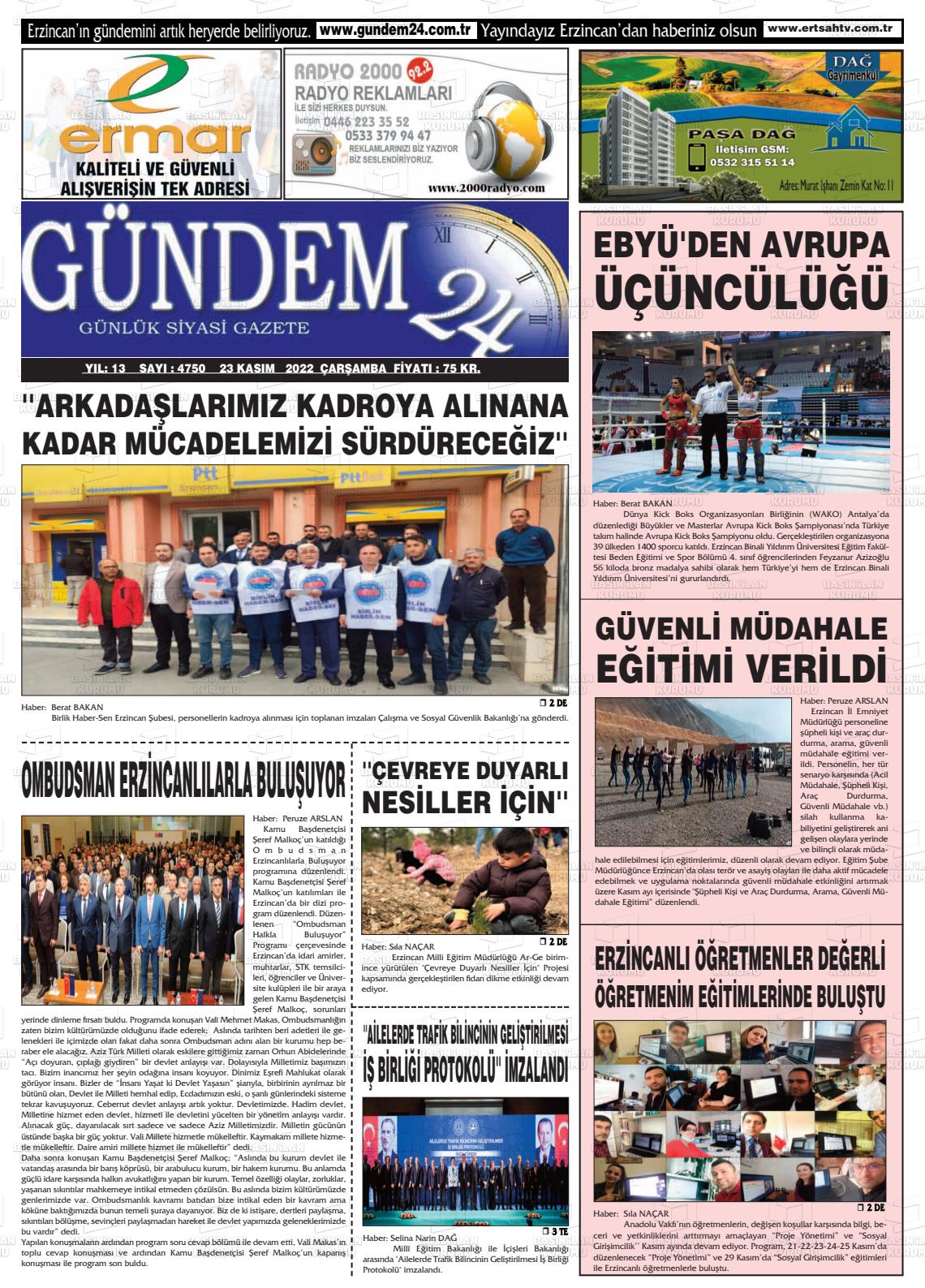 23 Kasım 2022 Gündem 24 Gazete Manşeti