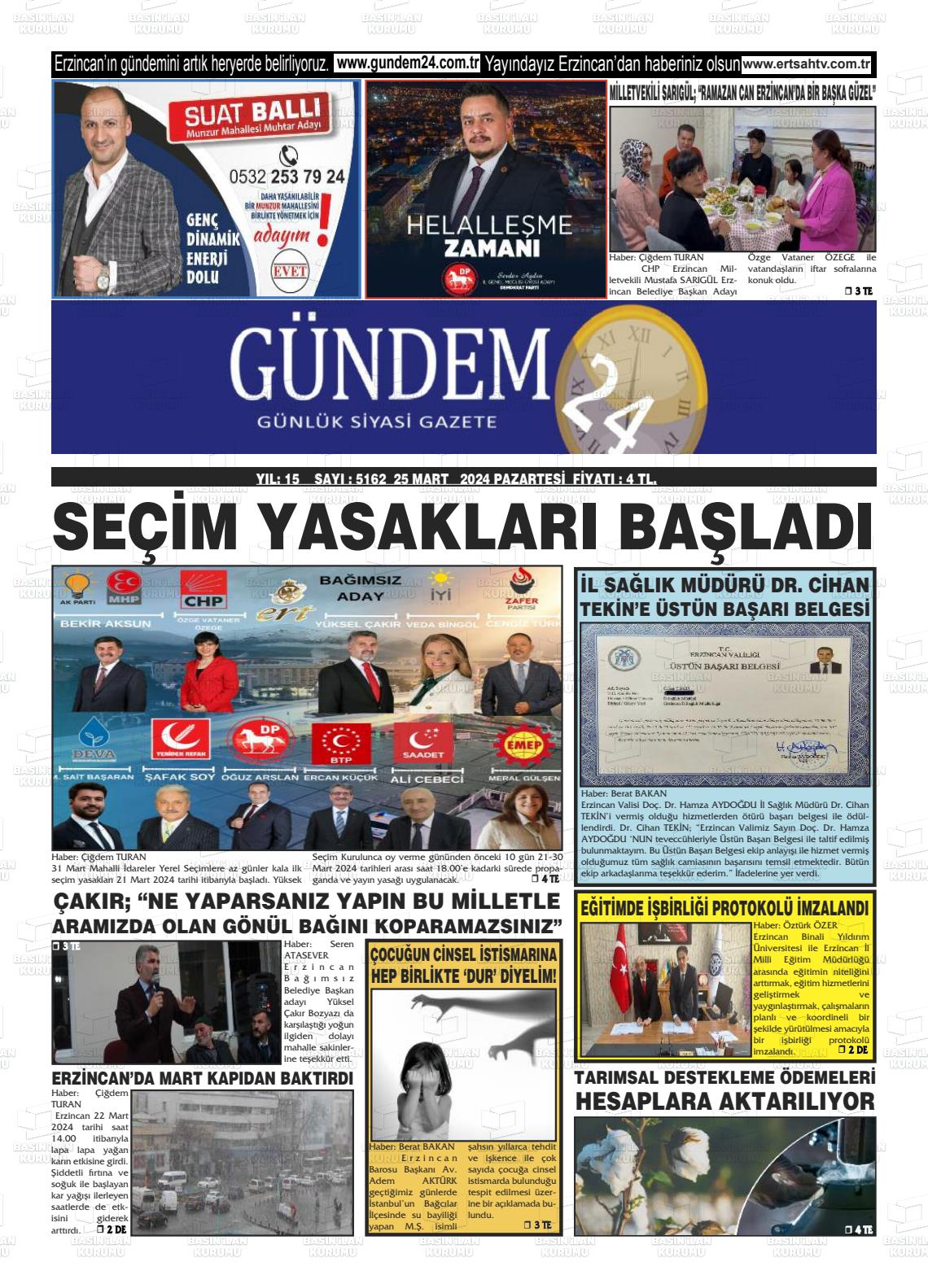 25 Mart 2024 Gündem 24 Gazete Manşeti