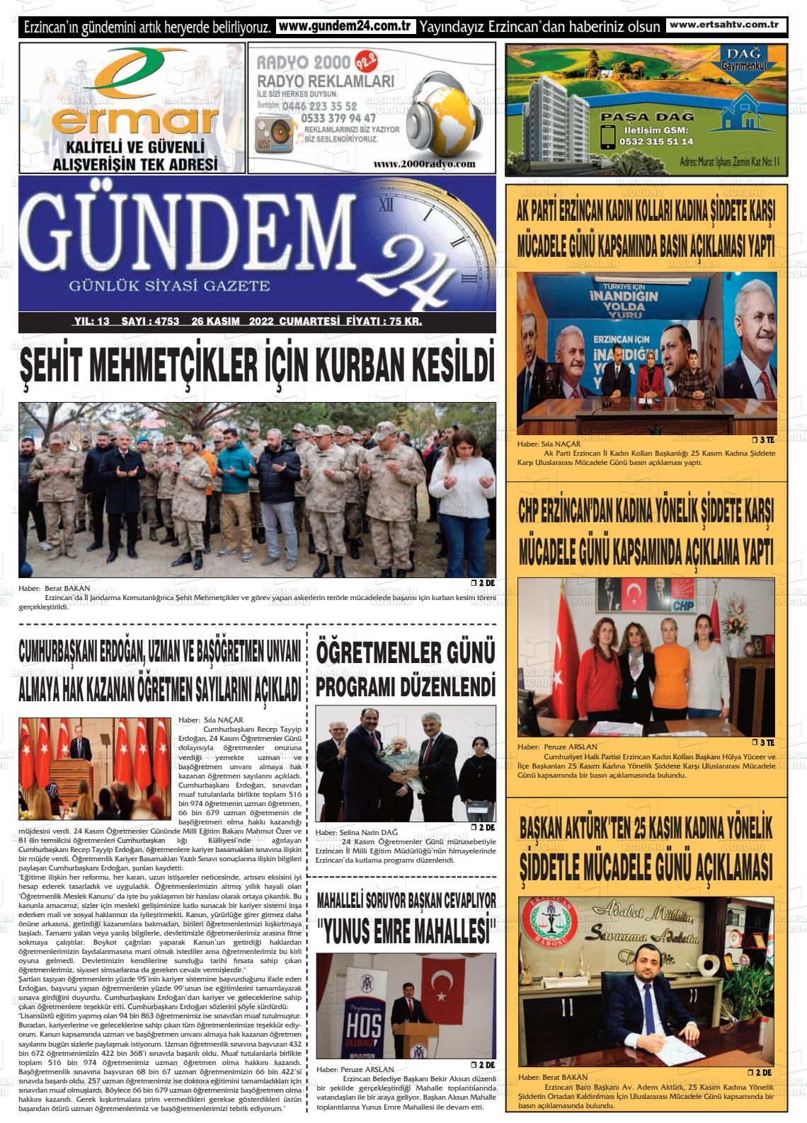 26 Kasım 2022 Gündem 24 Gazete Manşeti