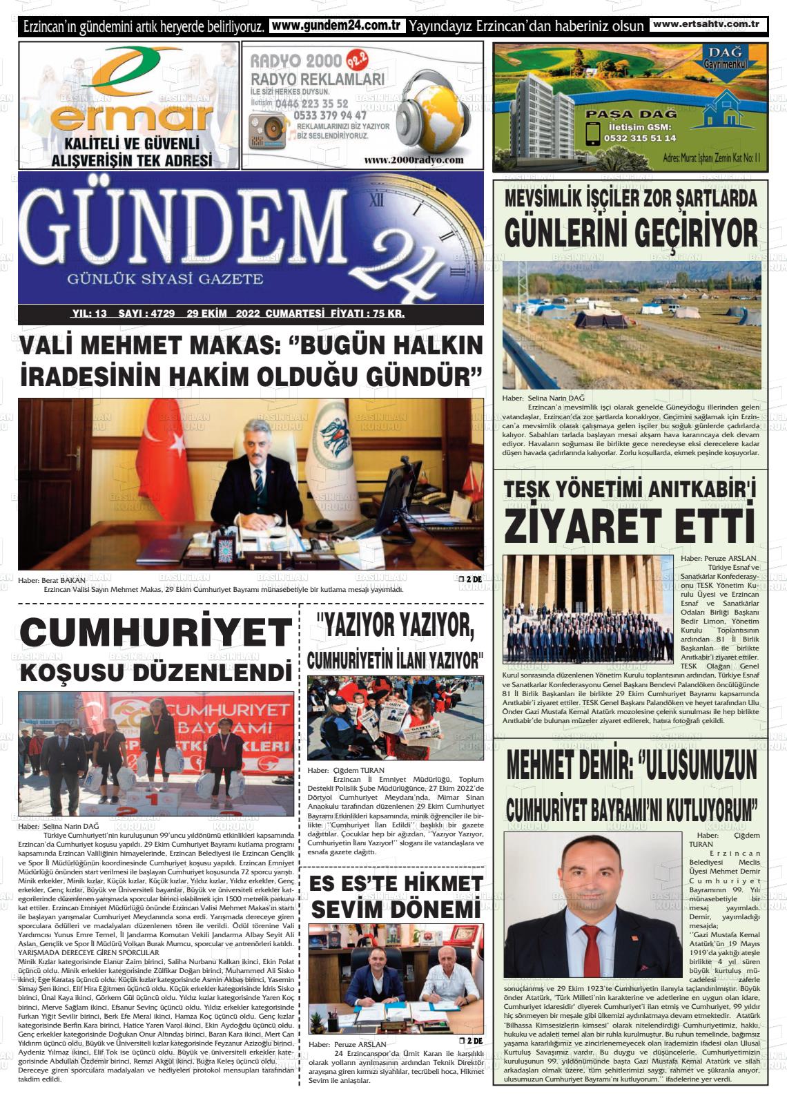 29 Ekim 2022 Gündem 24 Gazete Manşeti