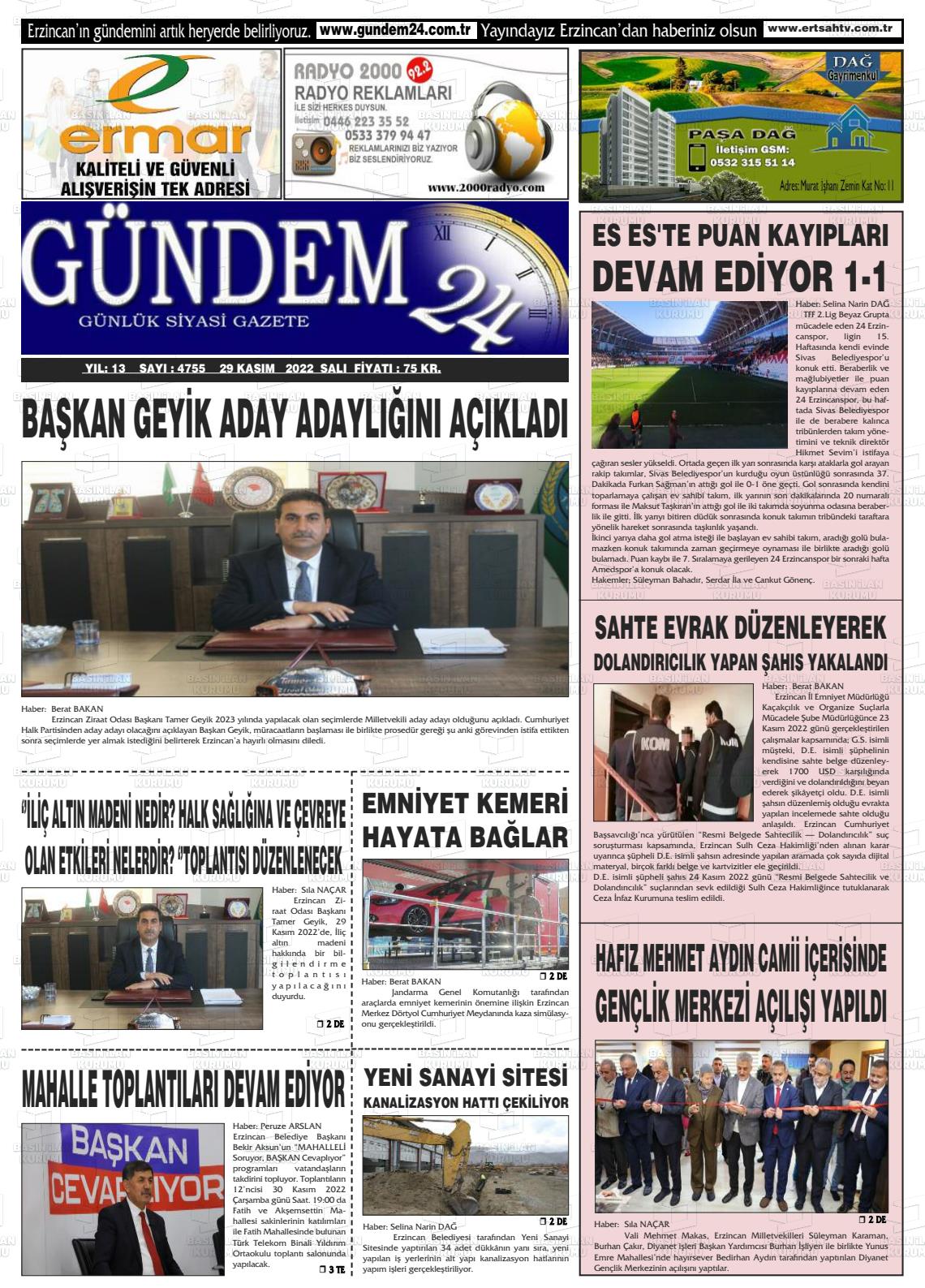 29 Kasım 2022 Gündem 24 Gazete Manşeti