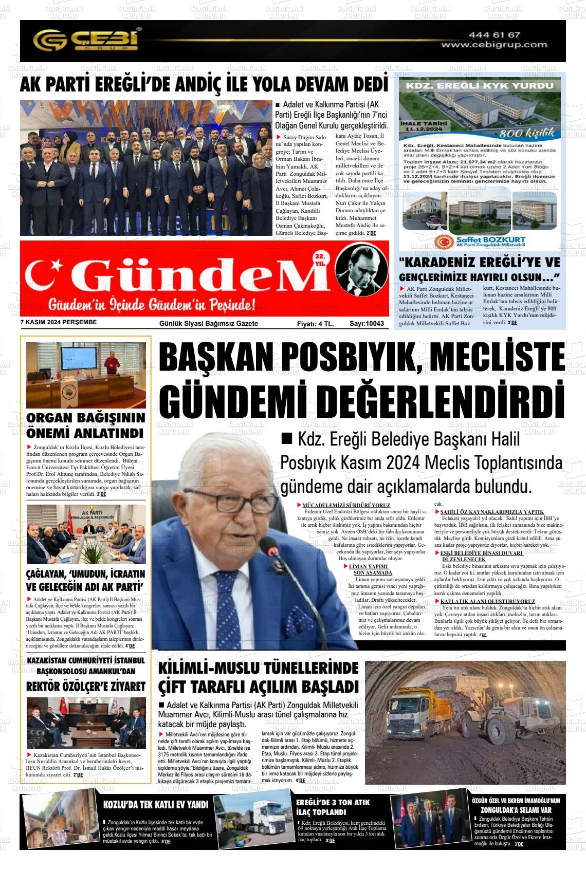 07 Kasım 2024 Gündem Ereğli Gazete Manşeti