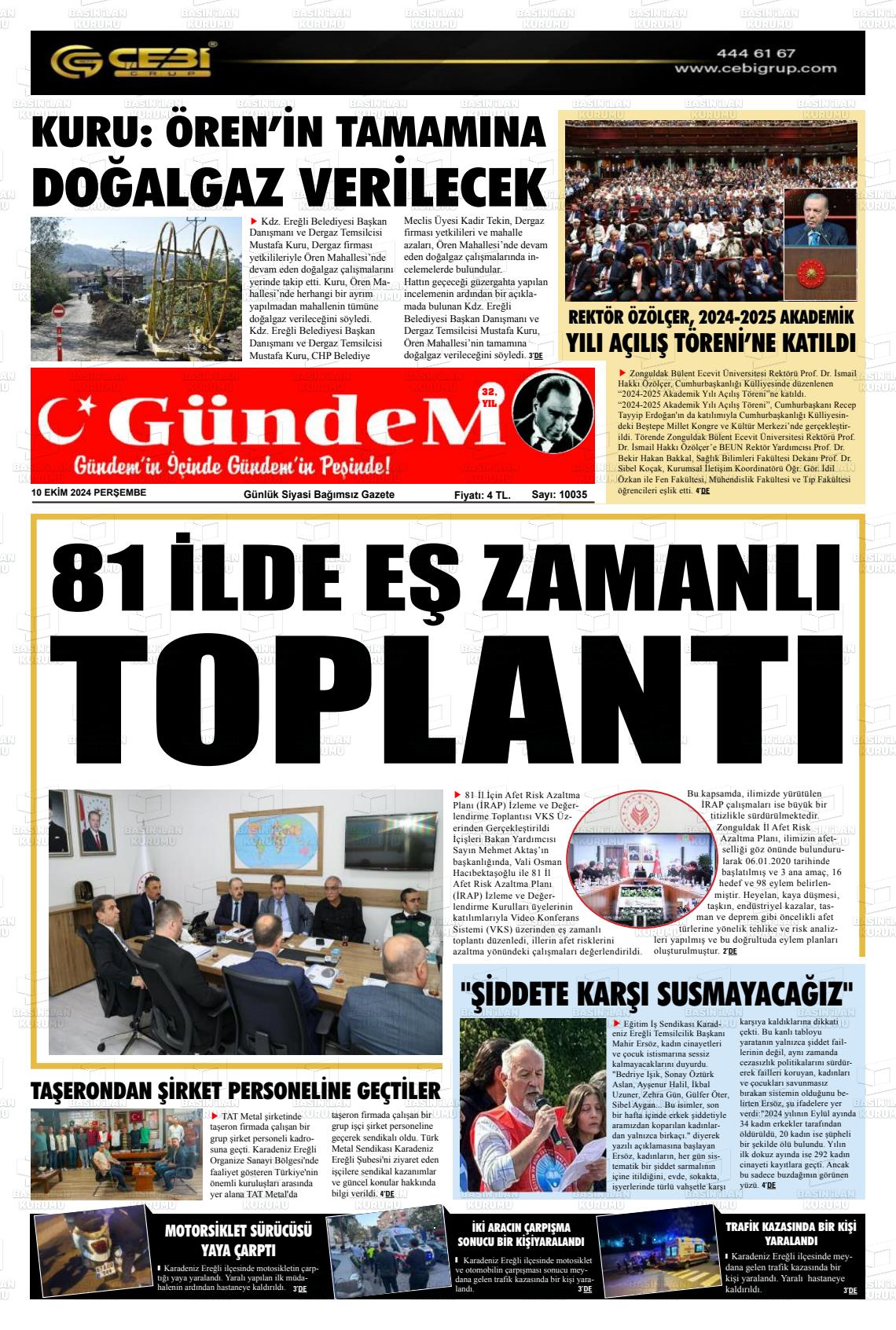 10 Ekim 2024 Gündem Ereğli Gazete Manşeti