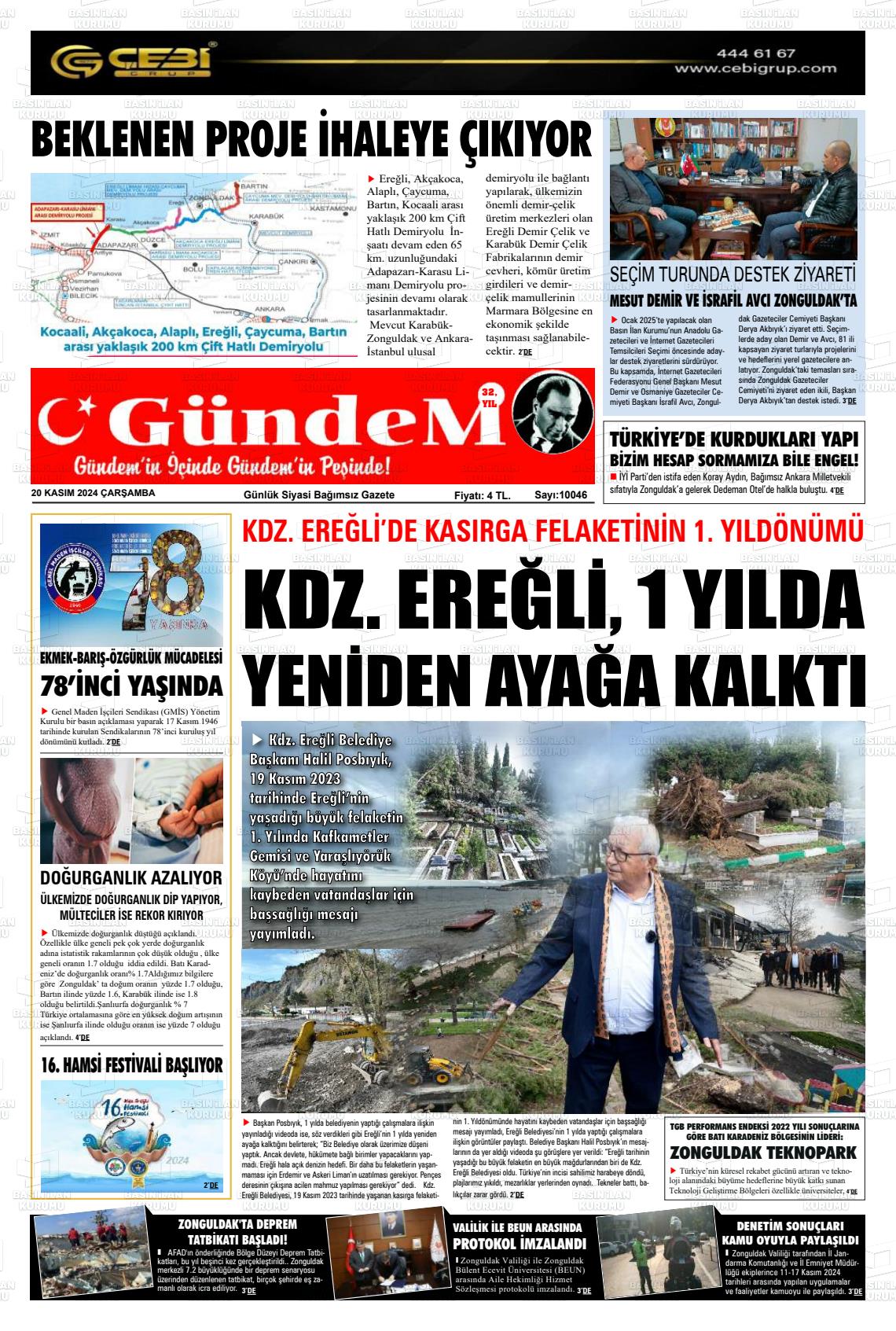 20 Kasım 2024 Gündem Ereğli Gazete Manşeti