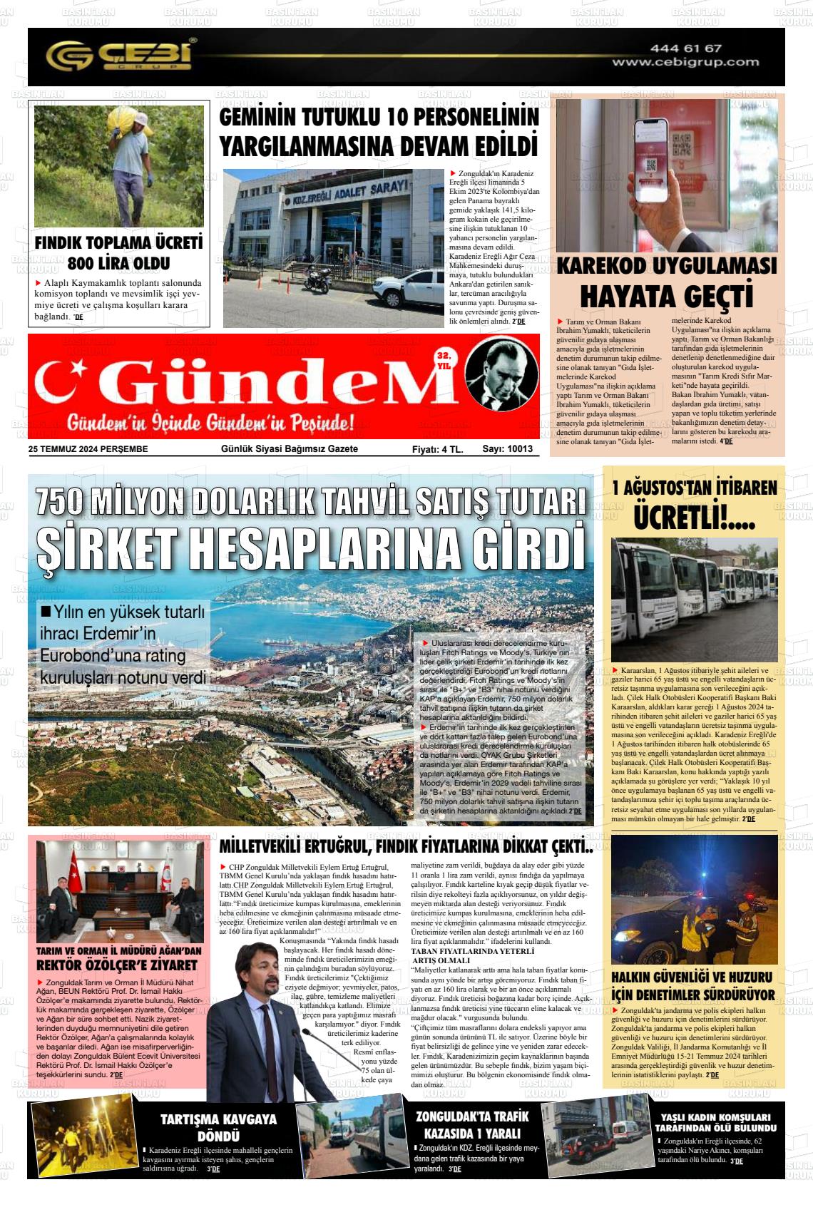 25 Temmuz 2024 Gündem Ereğli Gazete Manşeti