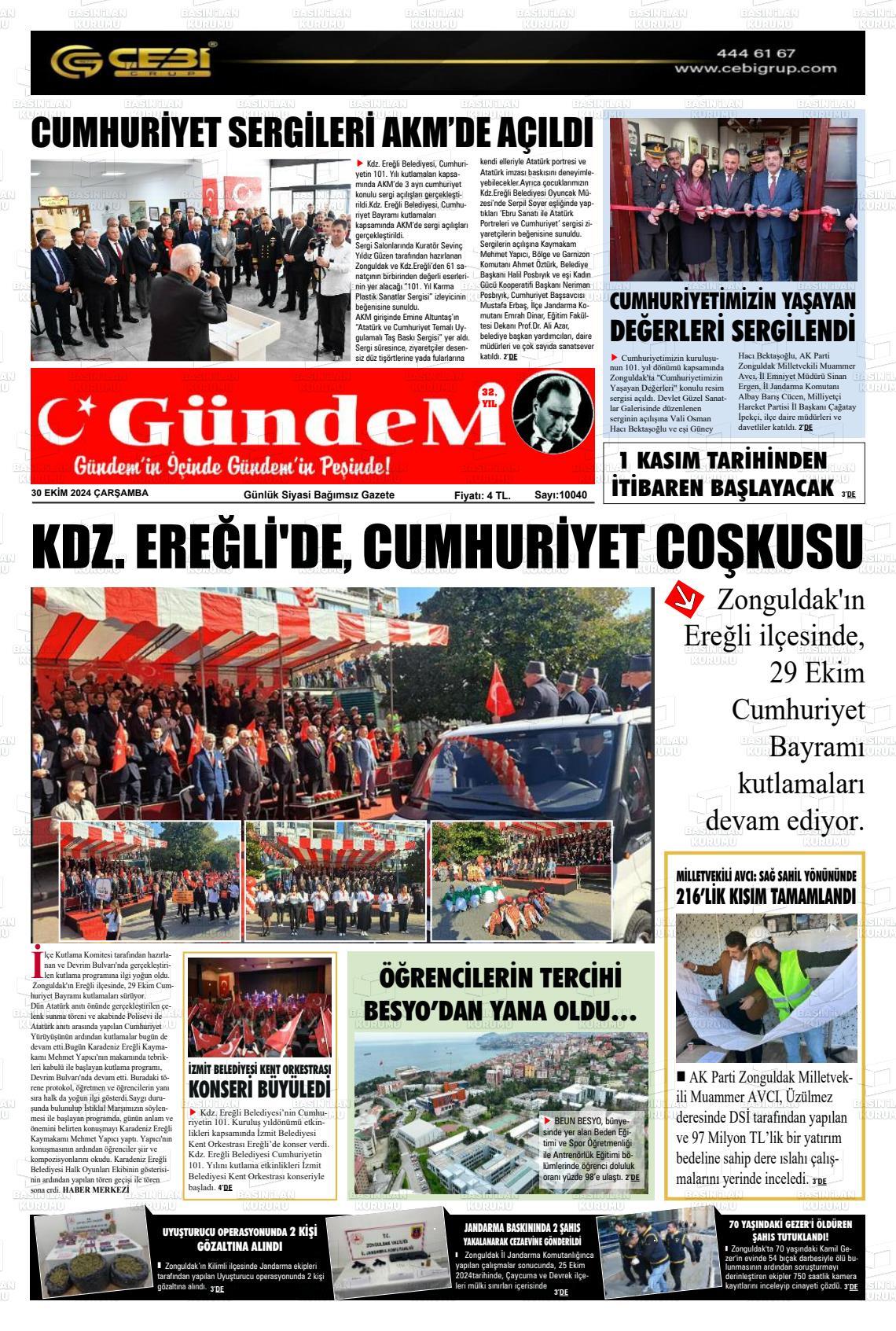 30 Ekim 2024 Gündem Ereğli Gazete Manşeti