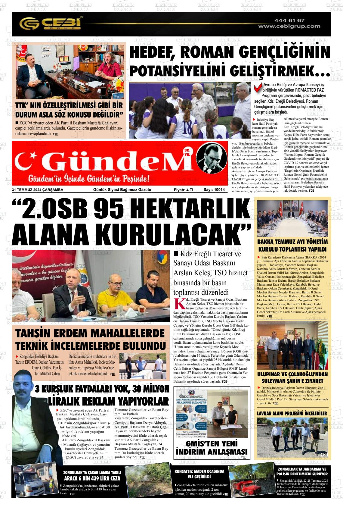 31 Temmuz 2024 Gündem Ereğli Gazete Manşeti