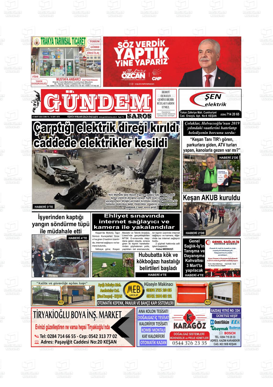 01 Mart 2024 Gündem Saros Gazete Manşeti