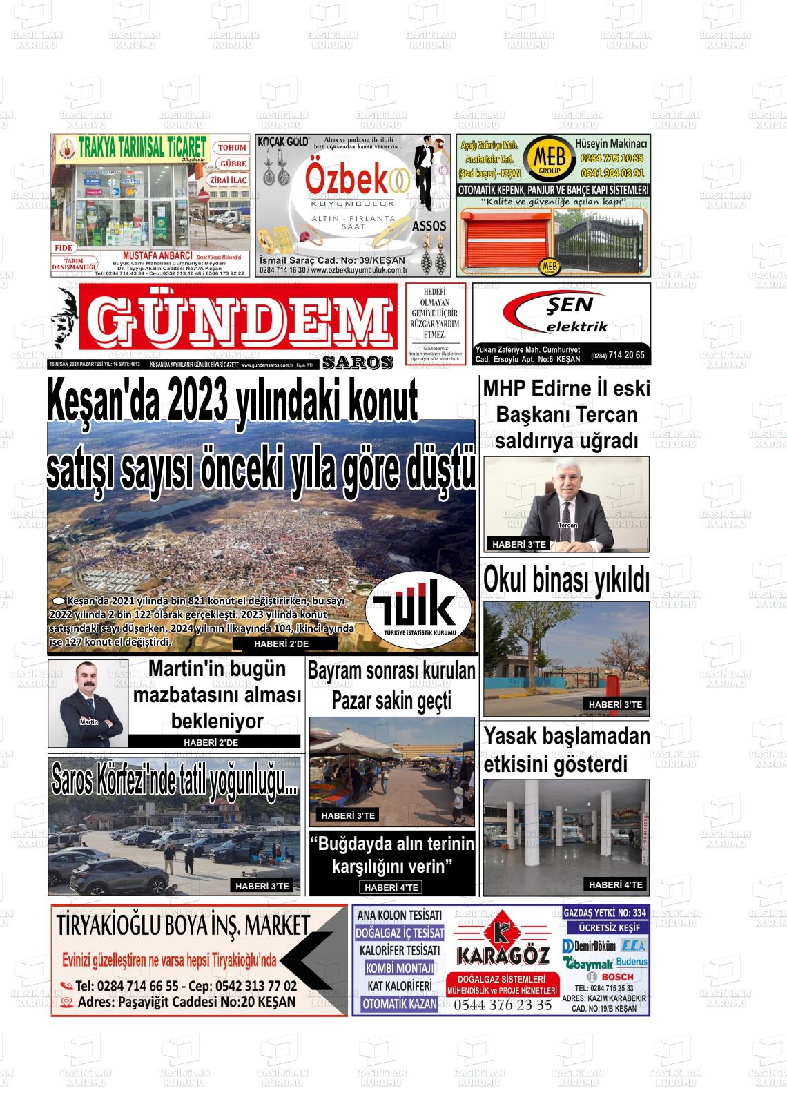 15 Nisan 2024 Gündem Saros Gazete Manşeti