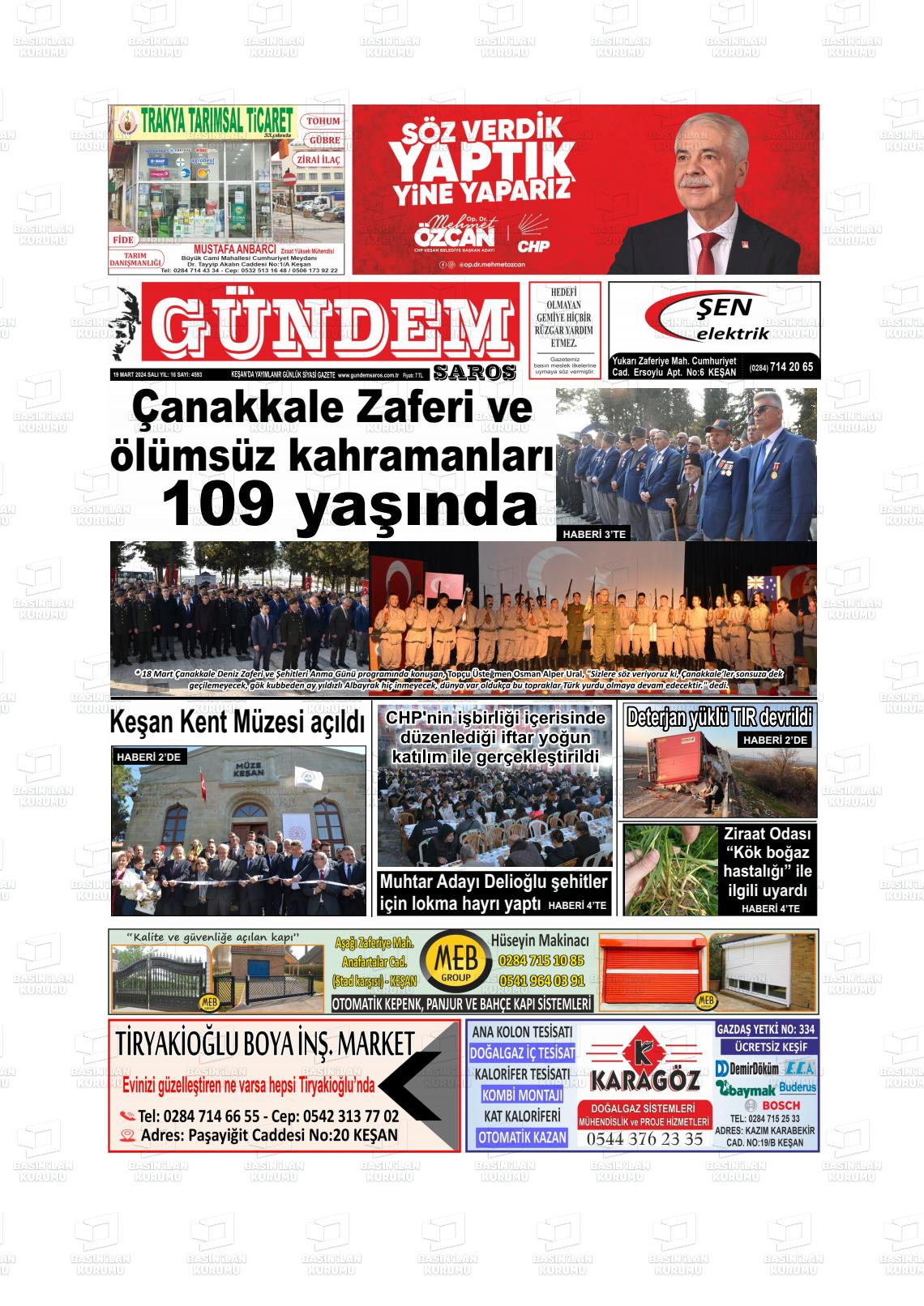 19 Mart 2024 Gündem Saros Gazete Manşeti