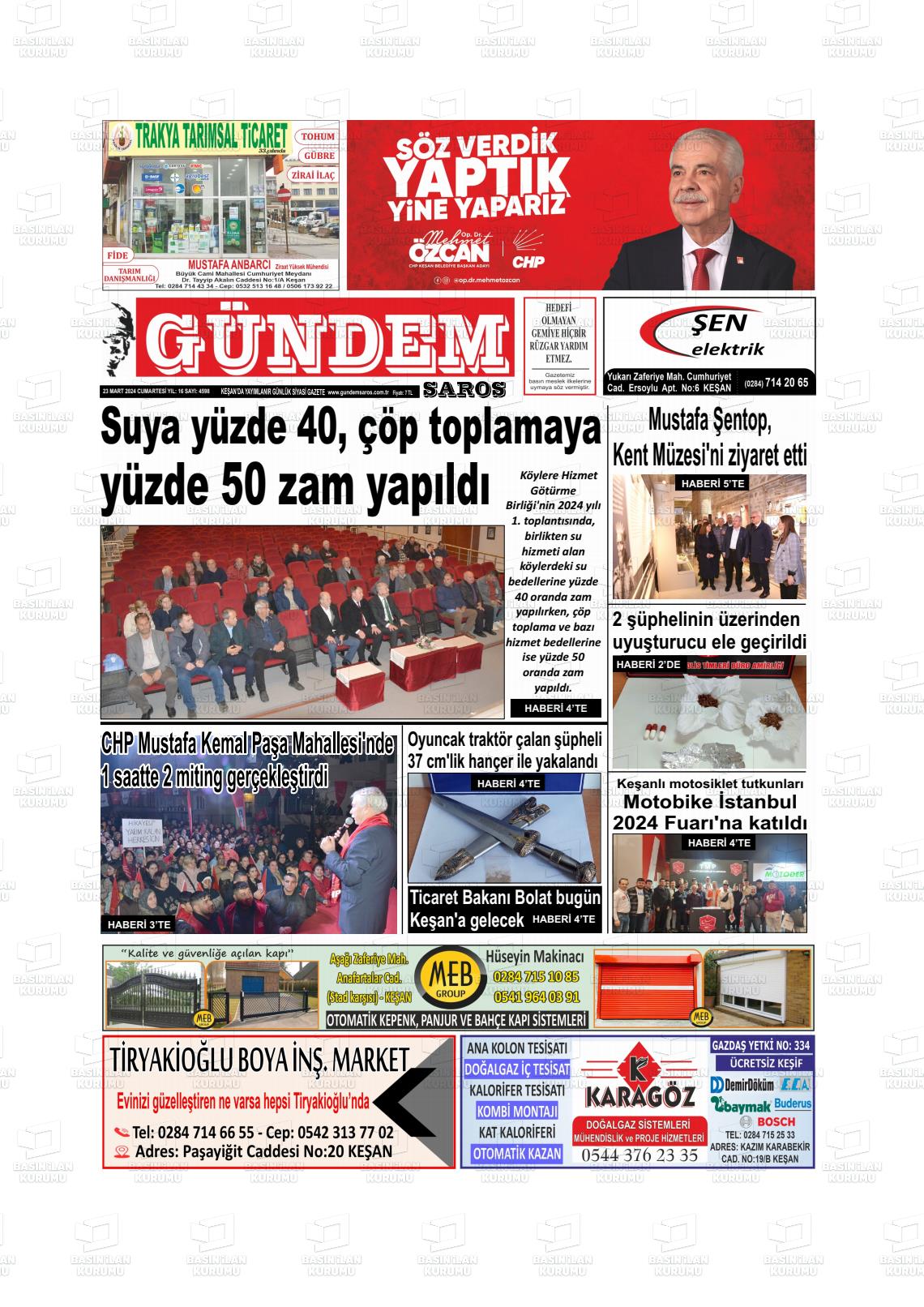 23 Mart 2024 Gündem Saros Gazete Manşeti