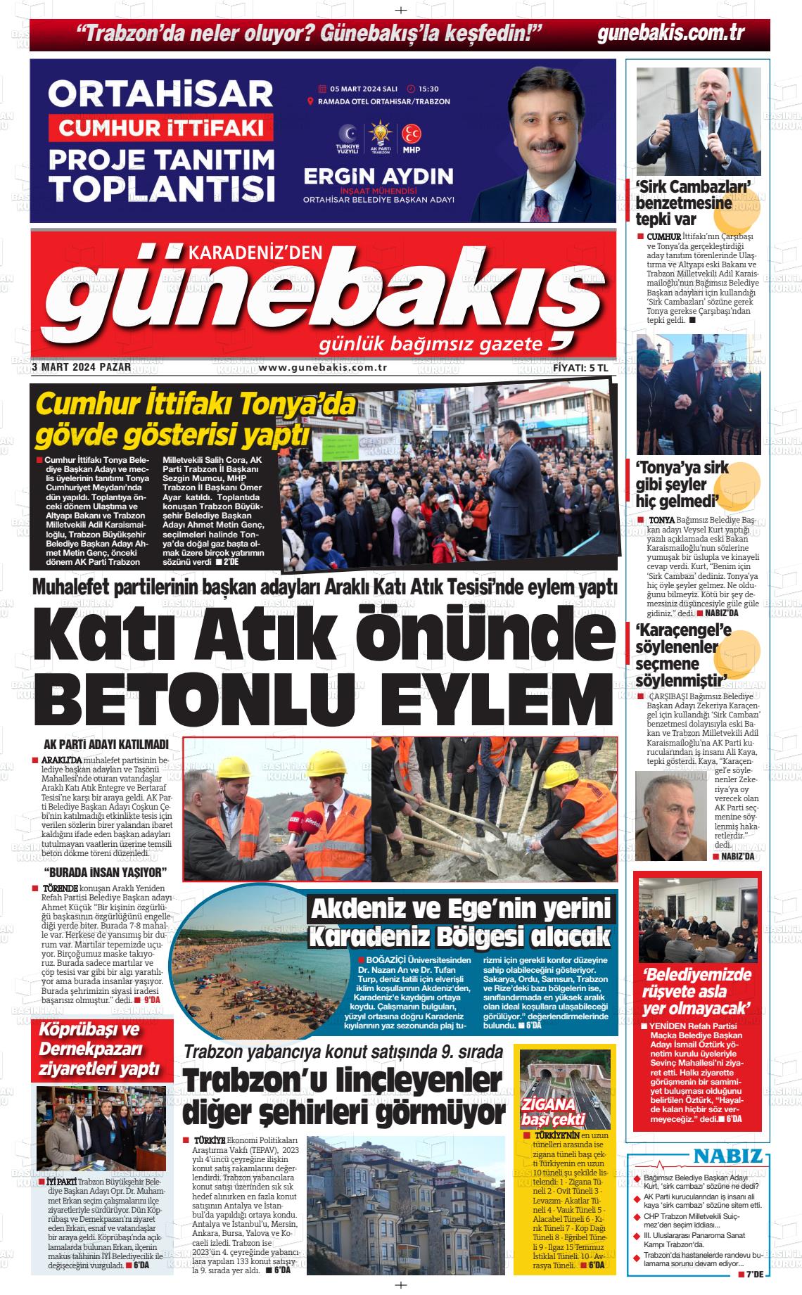 03 Mart 2024 Günebakış Gazete Manşeti