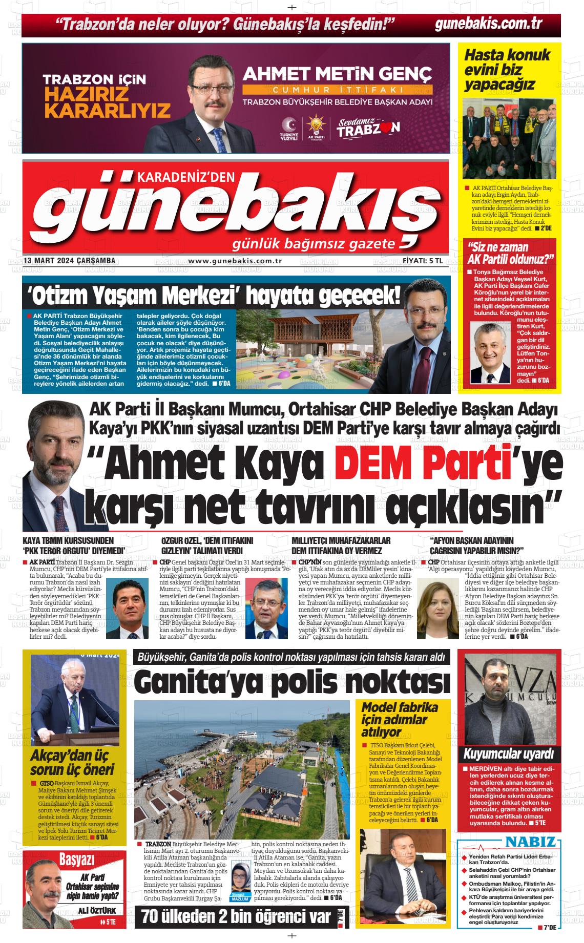 13 Mart 2024 Günebakış Gazete Manşeti