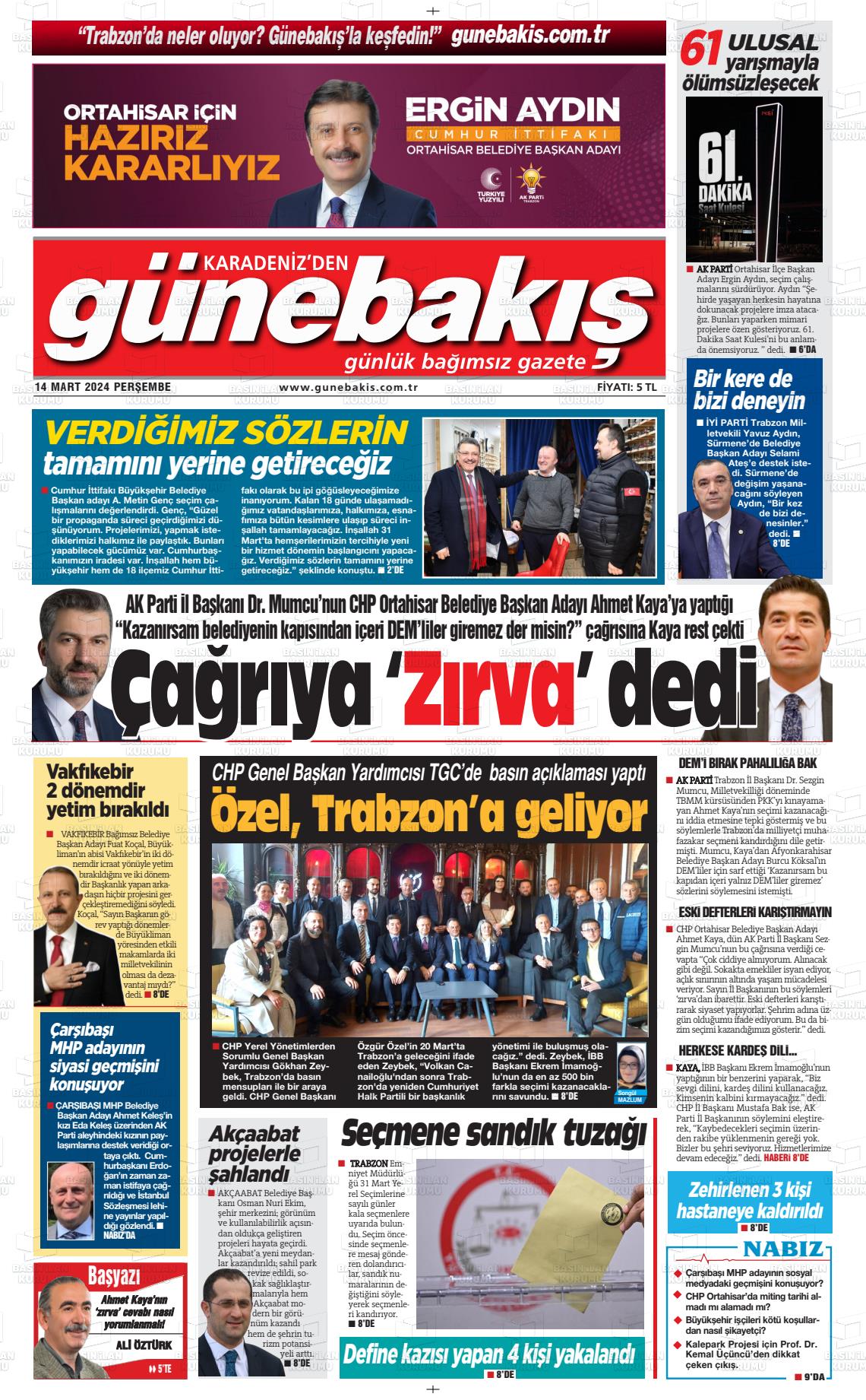 14 Mart 2024 Günebakış Gazete Manşeti