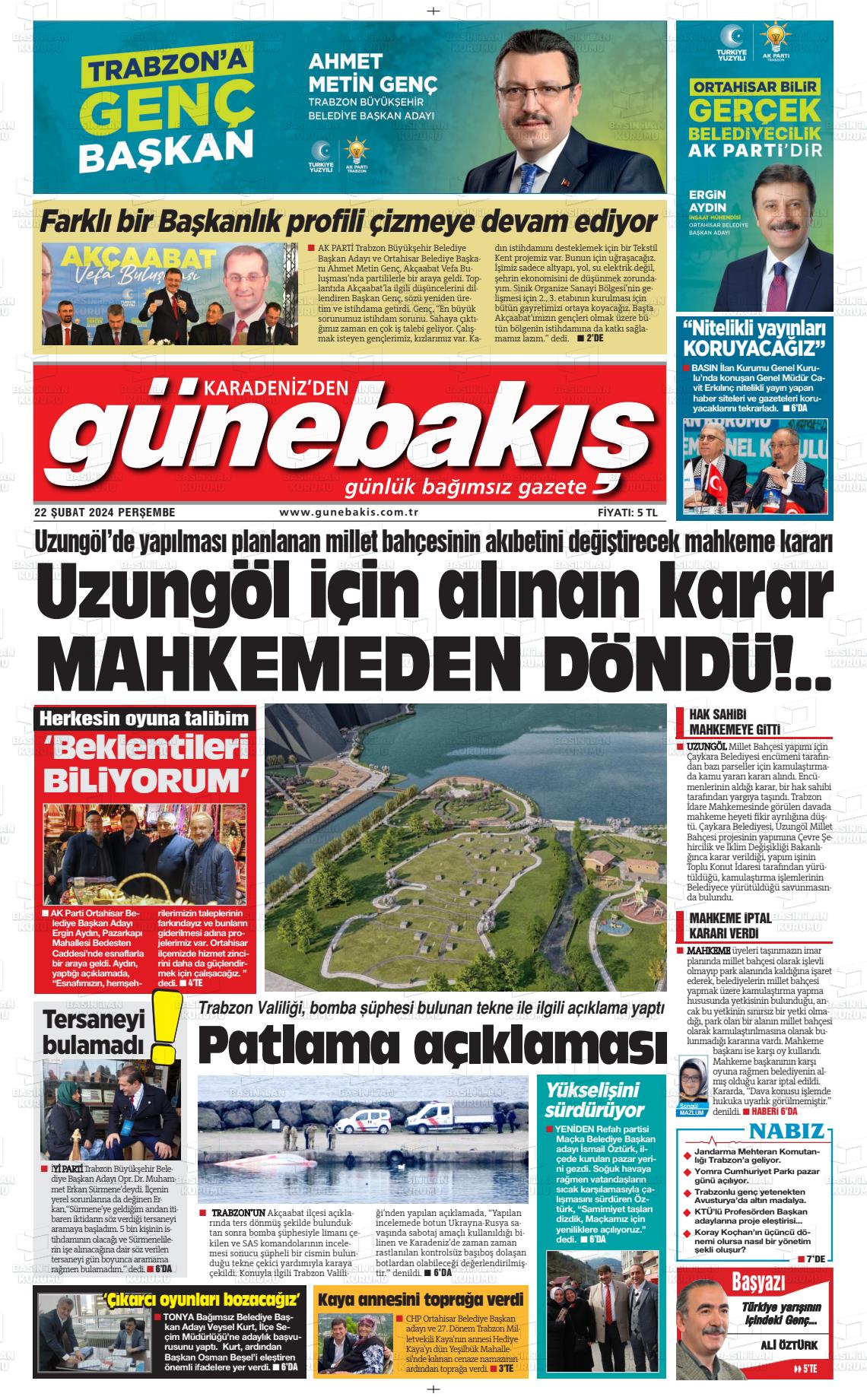 22 Şubat 2024 Günebakış Gazete Manşeti