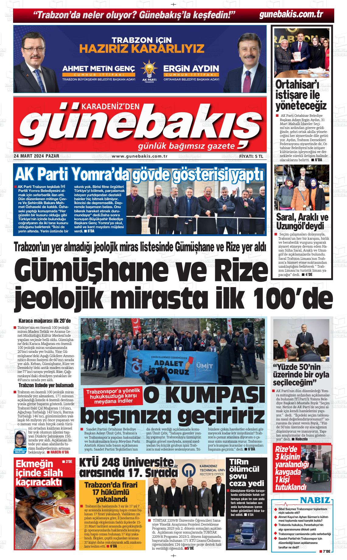 24 Mart 2024 Günebakış Gazete Manşeti