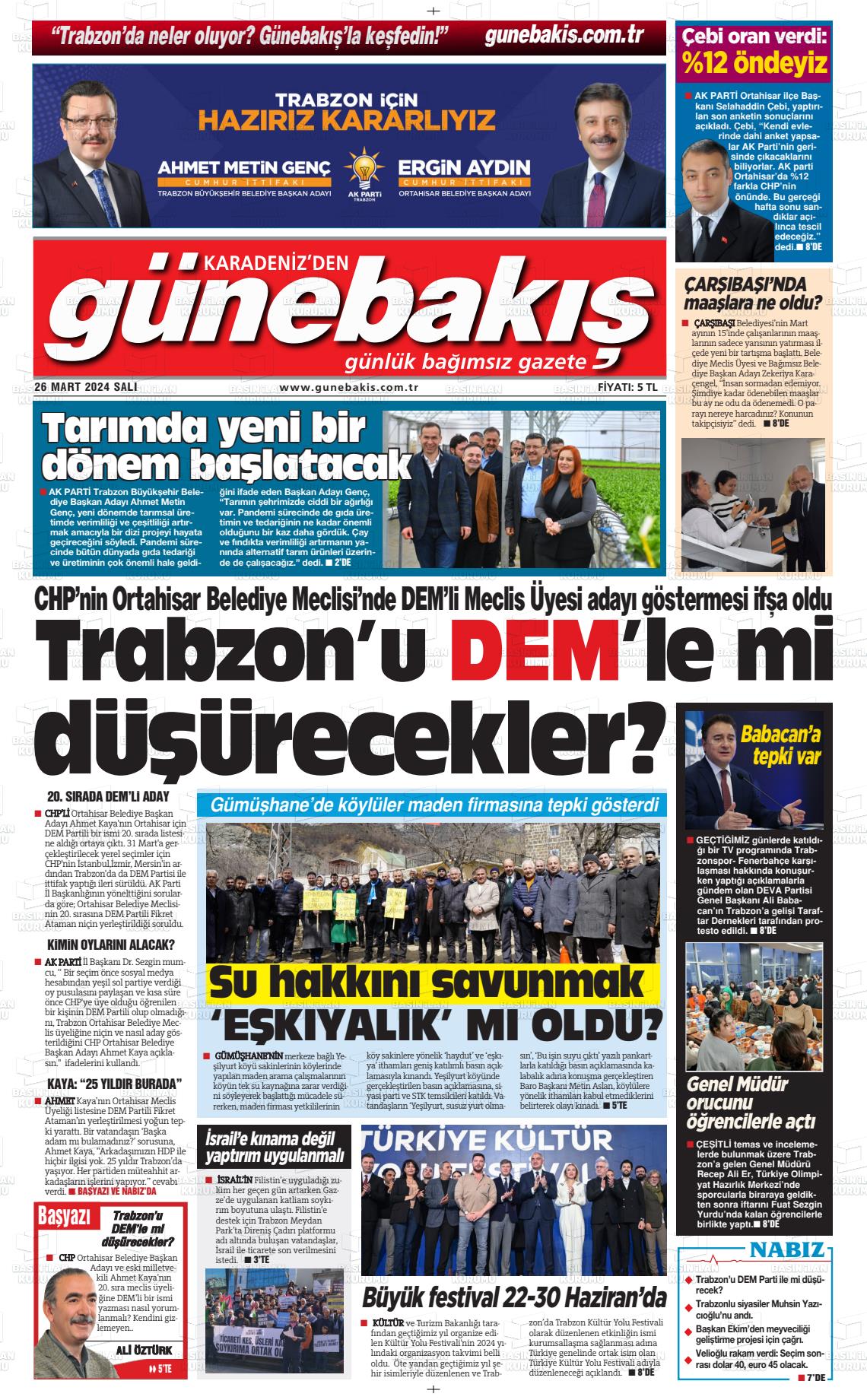 26 Mart 2024 Günebakış Gazete Manşeti