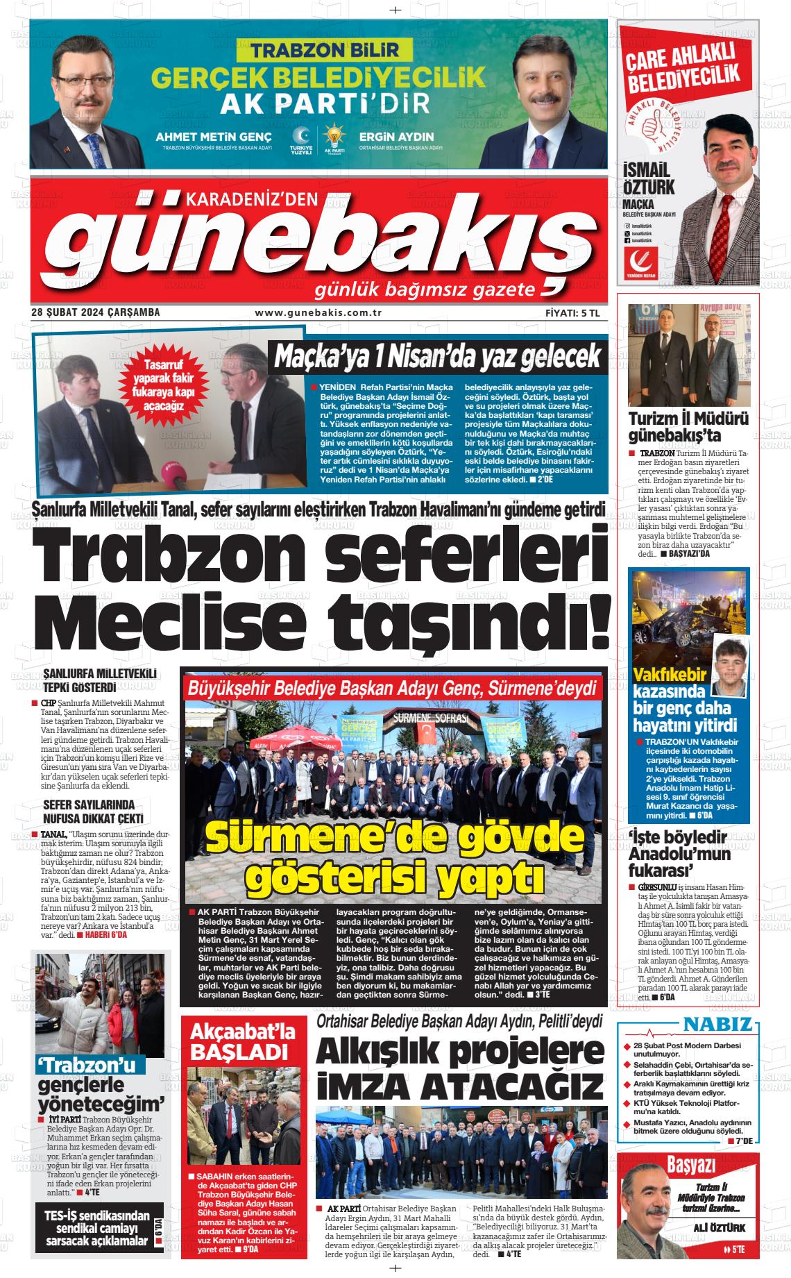 28 Şubat 2024 Günebakış Gazete Manşeti