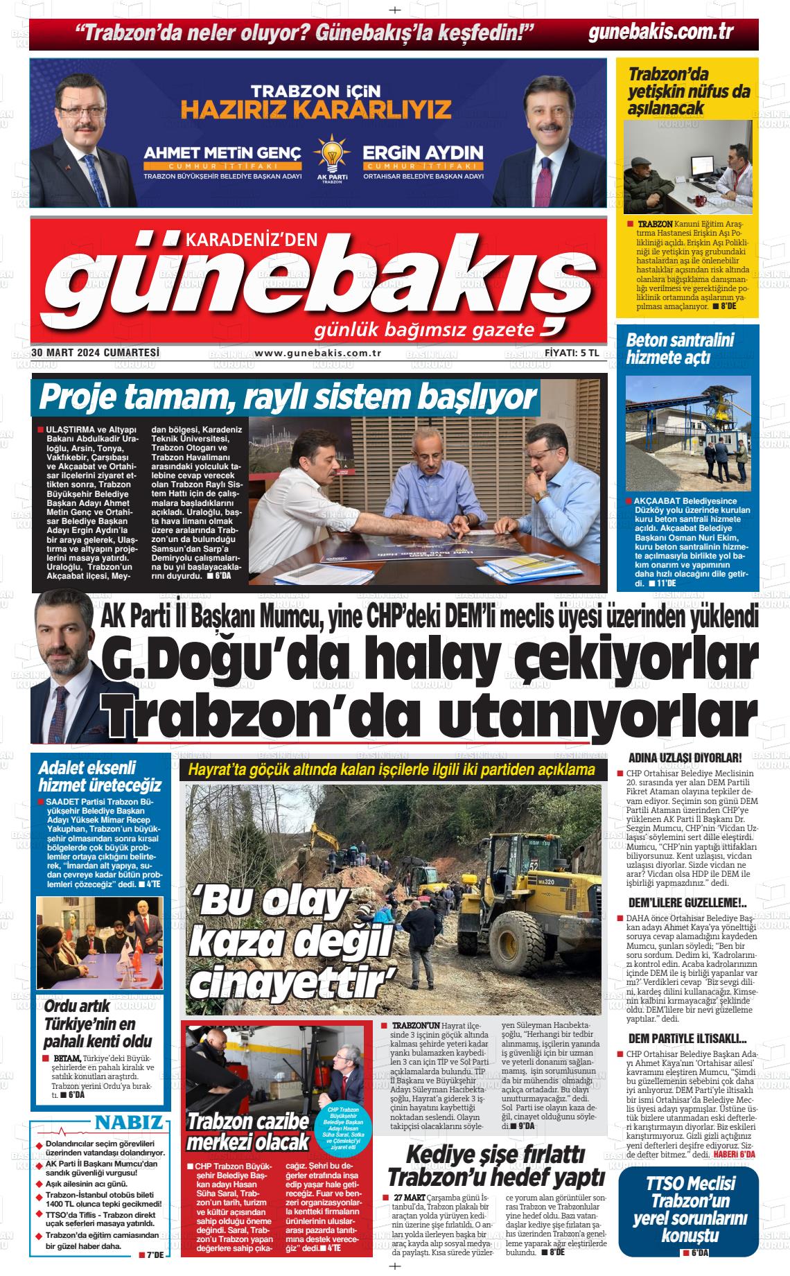 30 Mart 2024 Günebakış Gazete Manşeti