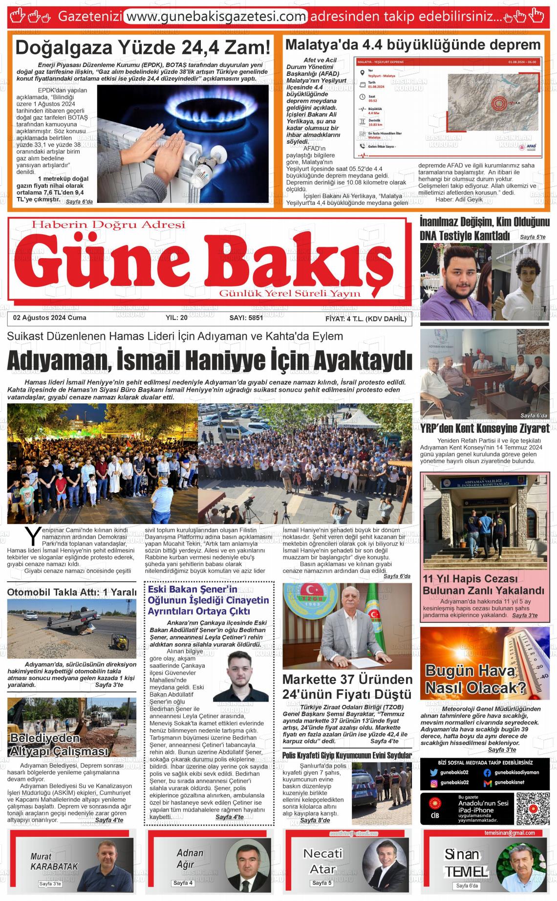 02 Ağustos 2024 Adıyaman Günebakış Gazete Manşeti