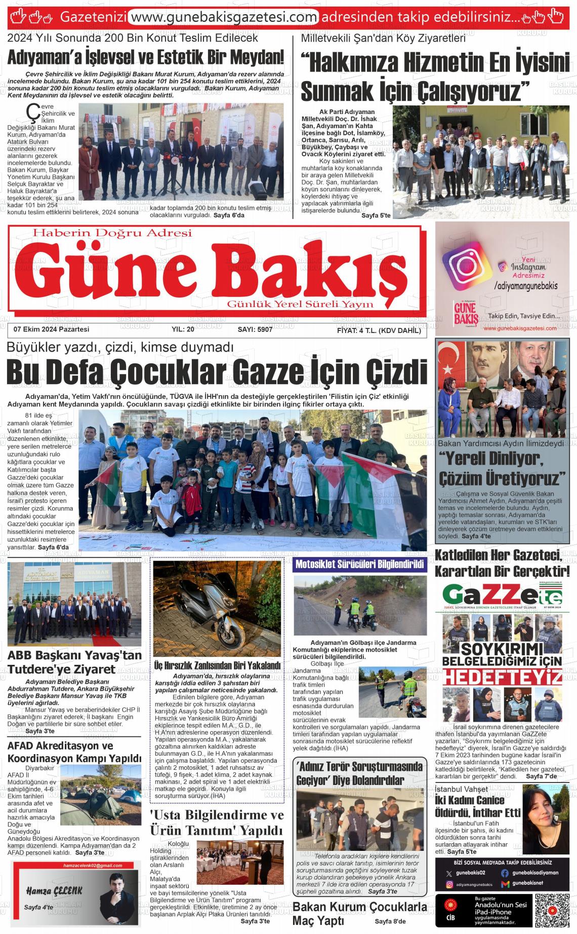 07 Ekim 2024 Adıyaman Günebakış Gazete Manşeti