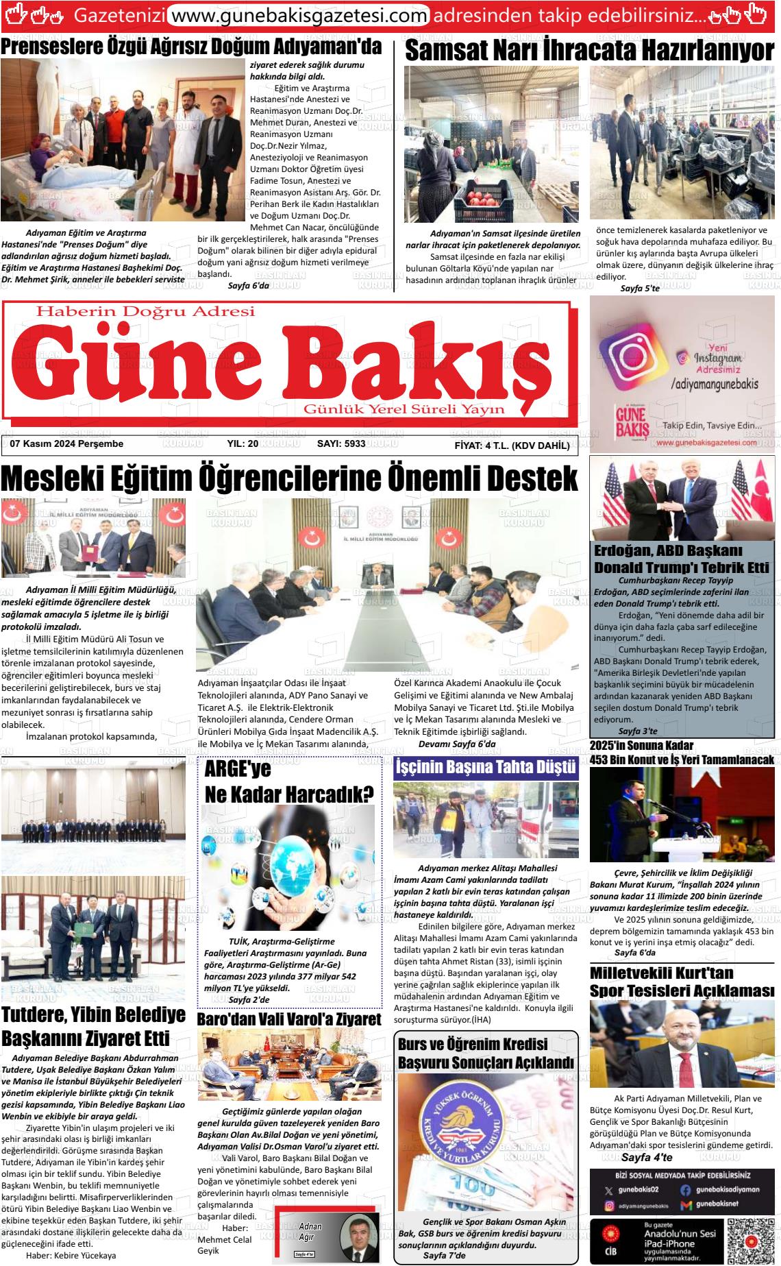 07 Kasım 2024 Adıyaman Günebakış Gazete Manşeti